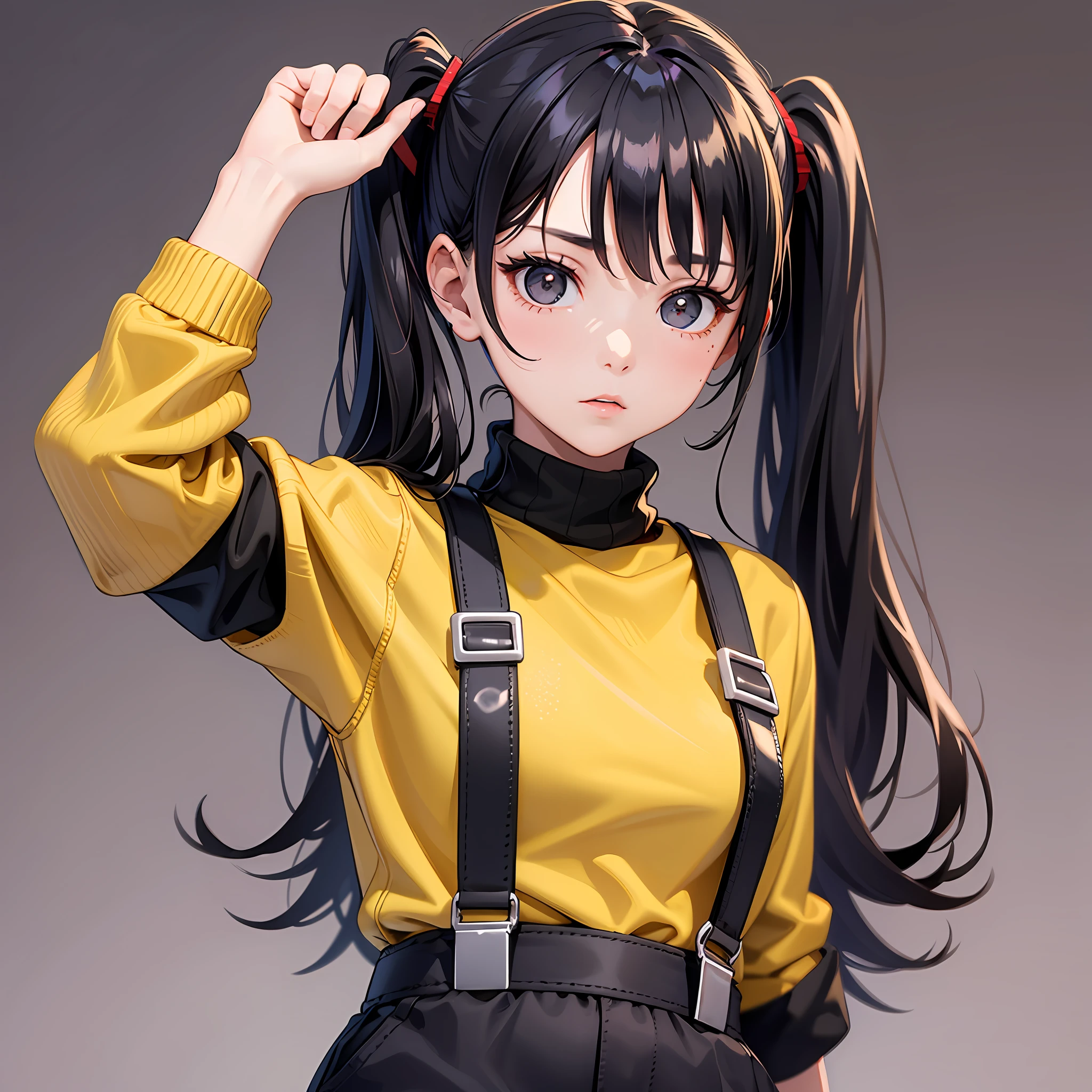 1girl, cowboy shot, simple background, minimalist background, best quality, black eyes, red pupils, black hair, twintails, yellow sweater, turtleneck sweater, black shorts, suspender shorts, suspenders