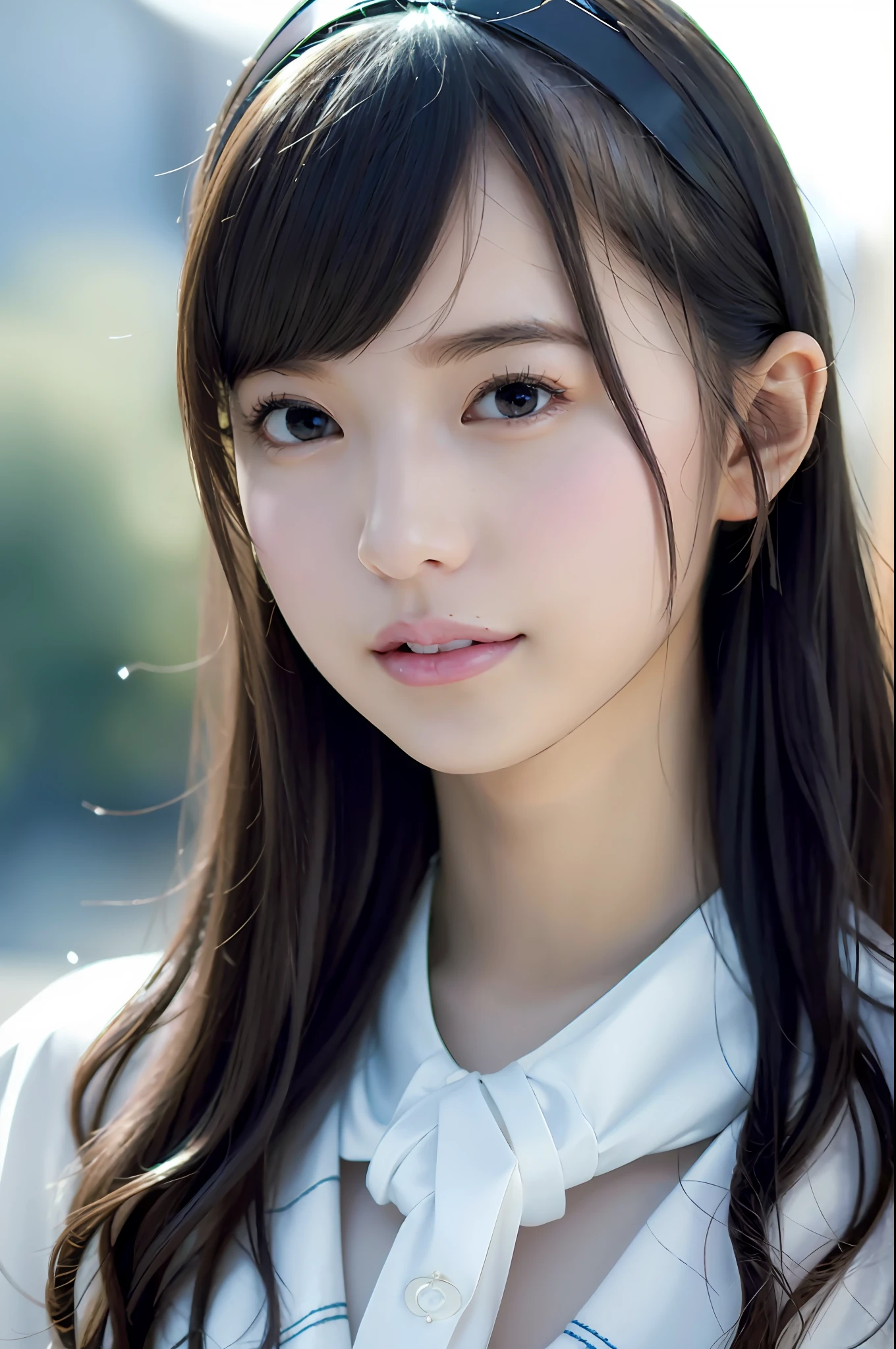 best quality, white skin, real human skin, (detailed fac), oval face, pores, ultra high res, (8k, RAW photo, photorealistic:1.4), 1girl, slim, (looking at viewer with a serene and goddess-like happiness:1.2), ( lipgloss, eyelashes, gloss-face, best quality, ultra highres, Broad lighting, natural shading), oversized jacket, fashion shirt, cityscape,