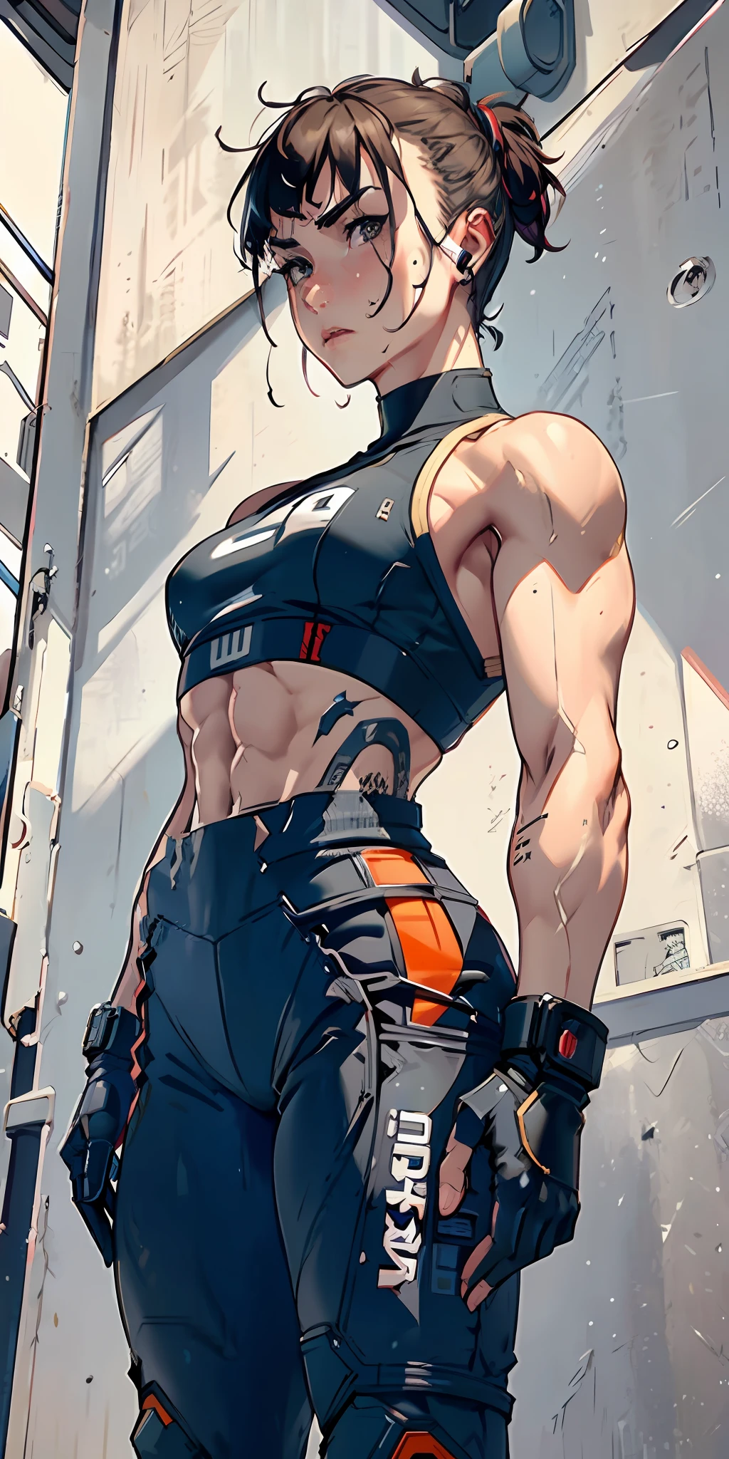 adult, girl face, serious face, anger, angry, hair: mohawk, bangs, robotic parts, cybernetic, futuristic, cyberpunk, perfect body, fit body, muscular, small chest, big arms, broad shoulders, thighs, cargo pants, gloves, military shirt, background: gym, pose: looking back
