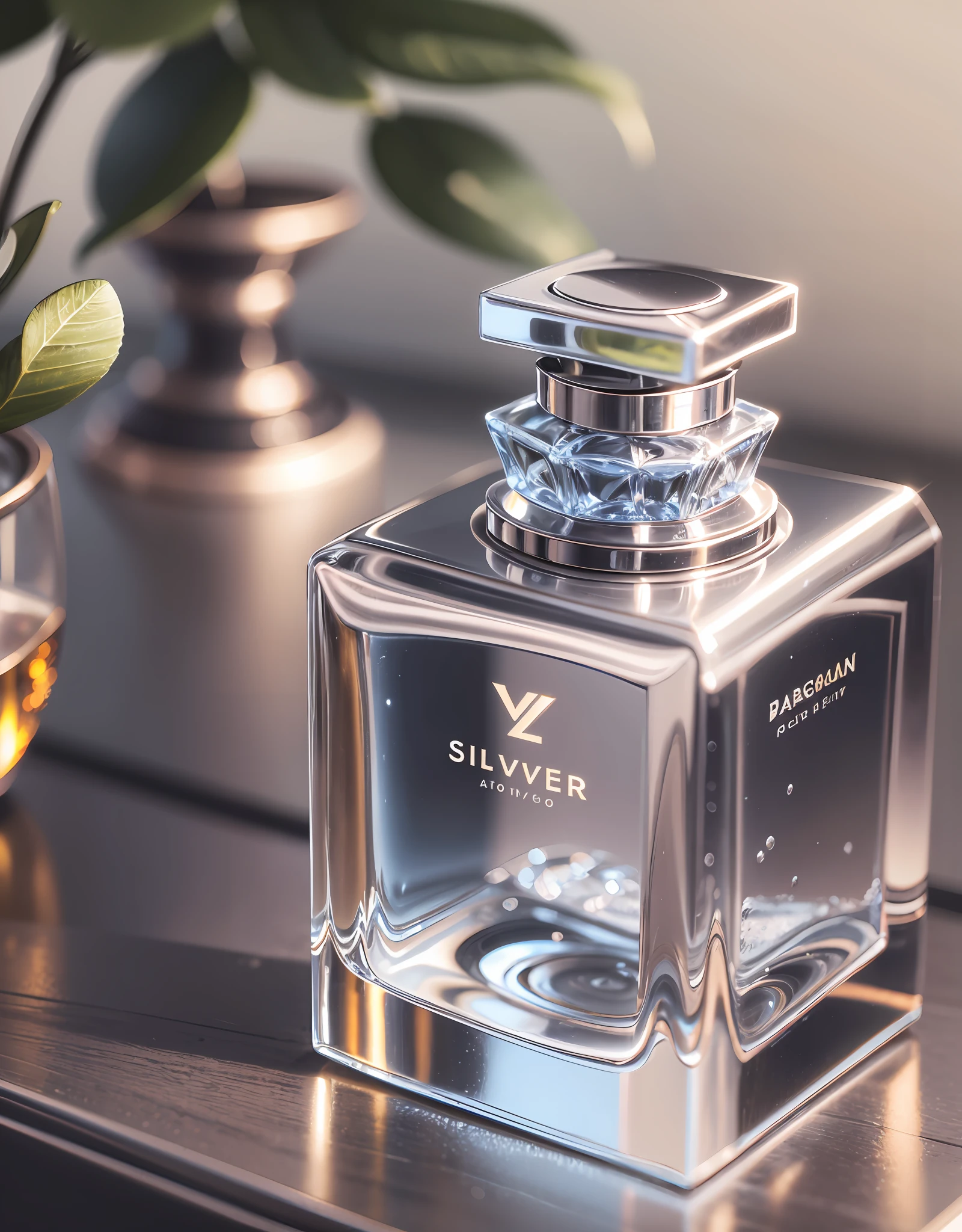 Close up of a bottle of perfume next to a glass of water, perfume bottle, product photography, product photography 4k, professional product photography, professional product shoot, professional product photo, beautiful, high quality product photography, product photo, product shot, good looking, Holding a bottle of perfume, the most beautiful, by Jakob Gauermann, silver -- v 6 --auto --s2