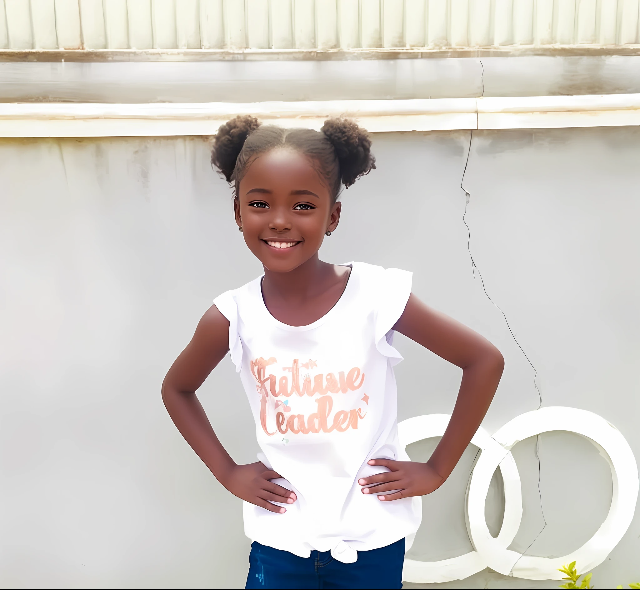 realism portrait of a 3 year old girl ((dark skin color)) cute, afro-futuristic, chibi, cute smile, ((holding a bear)), wearing T-shirt and jeans, current fashion, long hair tied up, ( (kanekalon)), background dark lighting, close-up, product view, detailed facial details, perfect face, sharpness, trend art, sharp facial details, cgsociety, ultra high quality digital art, exquisite hyper details, 4k, 8k lighting smooth, --iso 100 dreamy, fashion -