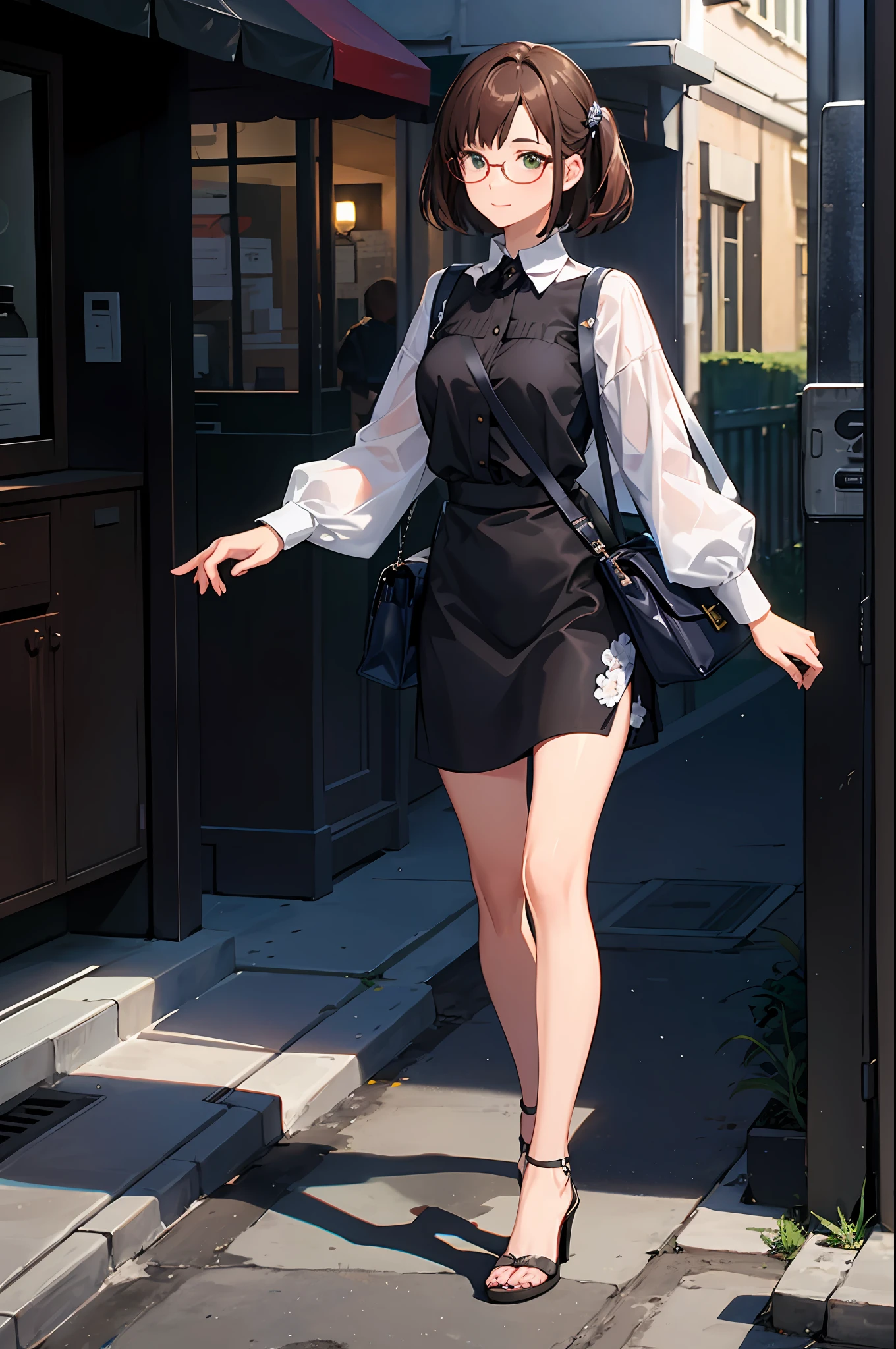 1 girl, wearing glasses, walking, outdoor, from side, wearing Deny jeans, wearing Black hi heels, masterpiece, white silk blouse, Medium breast, shoulder bag cat design, happy expression, flowers around, people in background, brown hair, shiny hair, ultradetailed, beautiful details, green eyes, best quality, best quality, Amazing, beautiful detailed eyes, finely detailed, depth of field, extremely detailed CG unity 8k wallpaper, full body, pixiv, official art,