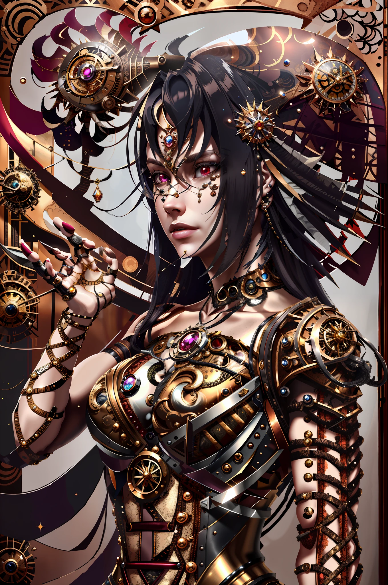 Steampunk Queen, Masterpiece, high quality, 3D, 8K CG, intricate details, detailed background. ornaments, byDylanKowalski, ((1girl)), upper body, muscular, skin dentition, looking to the side, long hair, prosthesis, mechanical arms, synthetic leather, porcelain, pearl, holographic, titanium, diamond, ruby, sapphire, precious stones, watch, armor,