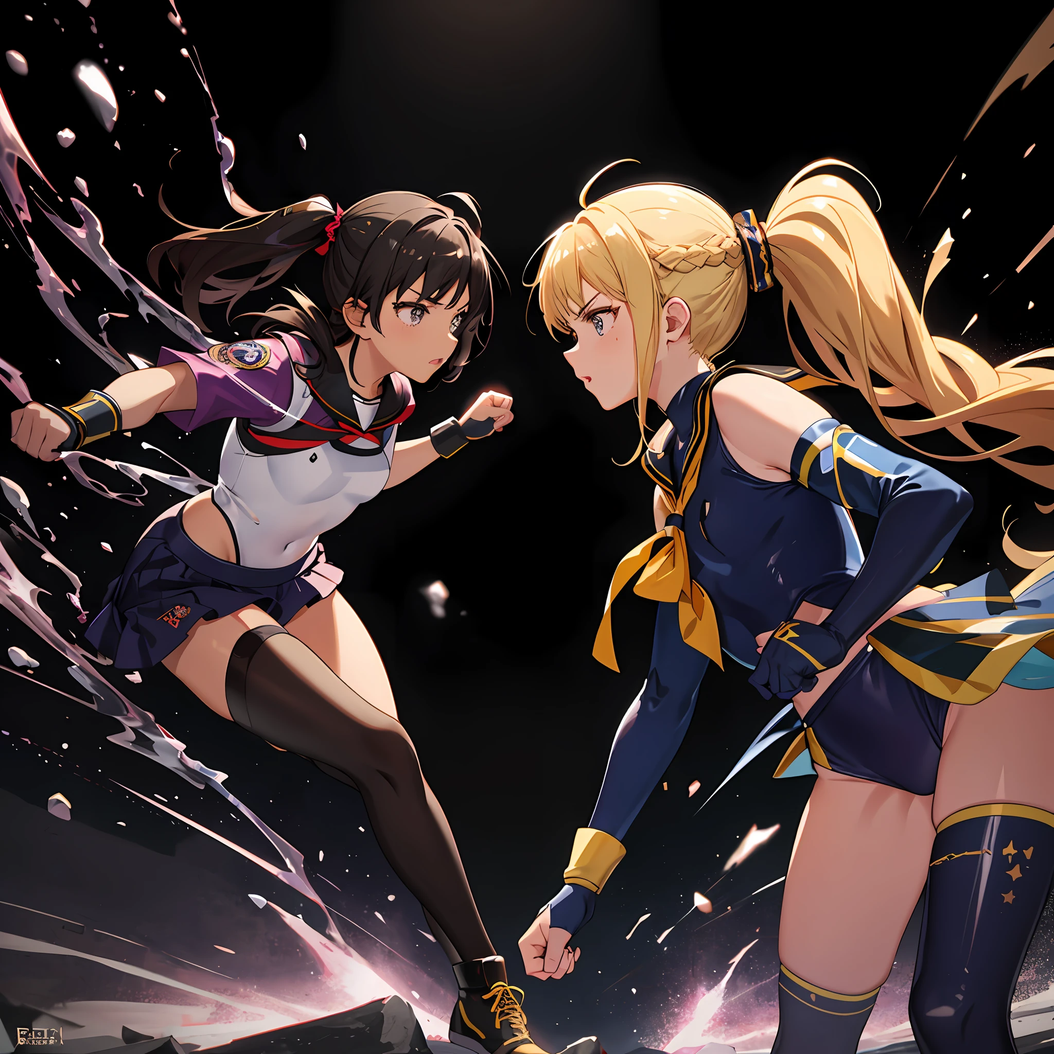Fist and fist clashes, duels, complex and colorful effects in the background, two girls, bodysuit and sailor suit fusion, sailor suit and bodysuit fusion, small, pigtails, female brat, thick eyebrows, thin waist, beautiful blonde, braid, (masterpiece), ((best quality)), (super detailed), girl, clean and detailed face, five fingers, textile shading, perfect anatomy,