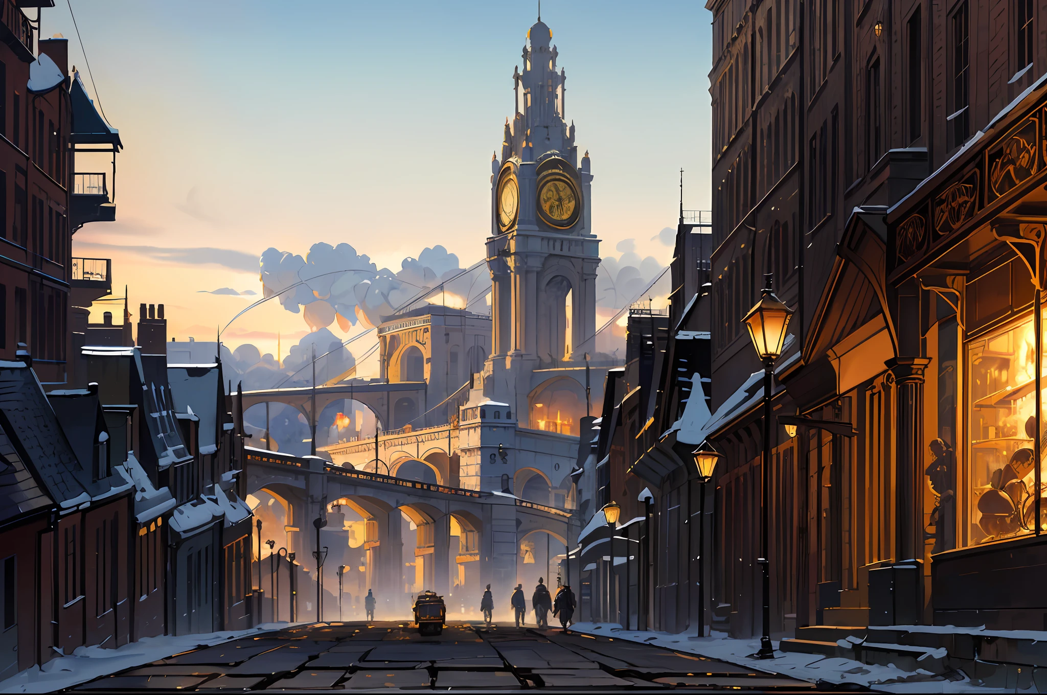 4k,highres, highest quallity, illustration, ultra detailed, cinematic lighting, best quality, hyper detailed, masterpiece, (((oil painting, realism, painted by Gustave Courbet))), ((industrial city, Victorian city, city skyline, rising smoke, progress, fires of industry, clockwork, steampunk)), (gleaming sunrise through the smoke, brass and bronze, tall spires, airships, traders, merchants, marble columns), seen from a distance, across a river, fantasy inspired