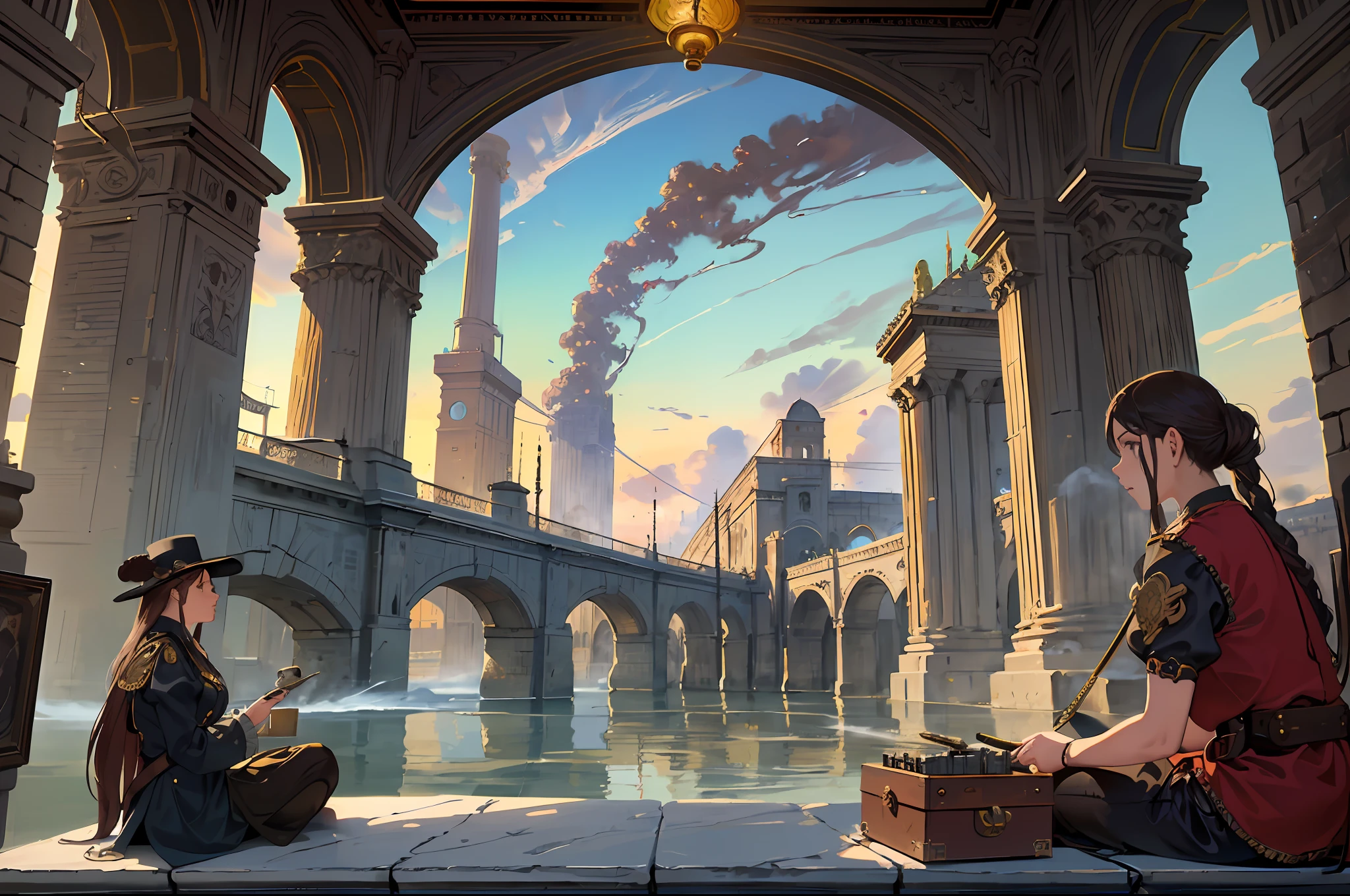 4k,highres, highest quallity, illustration, ultra detailed, cinematic lighting, best quality, hyper detailed, masterpiece, (((oil painting, realism, painted by Gustave Courbet))), ((industrial city, Victorian city, city skyline, rising smoke, progress, fires of industry, clockwork, steampunk)), (gleaming sunrise through the smoke, brass and bronze, tall spires, airships, traders, merchants, marble columns), seen from a distance, across a river, fantasy inspired