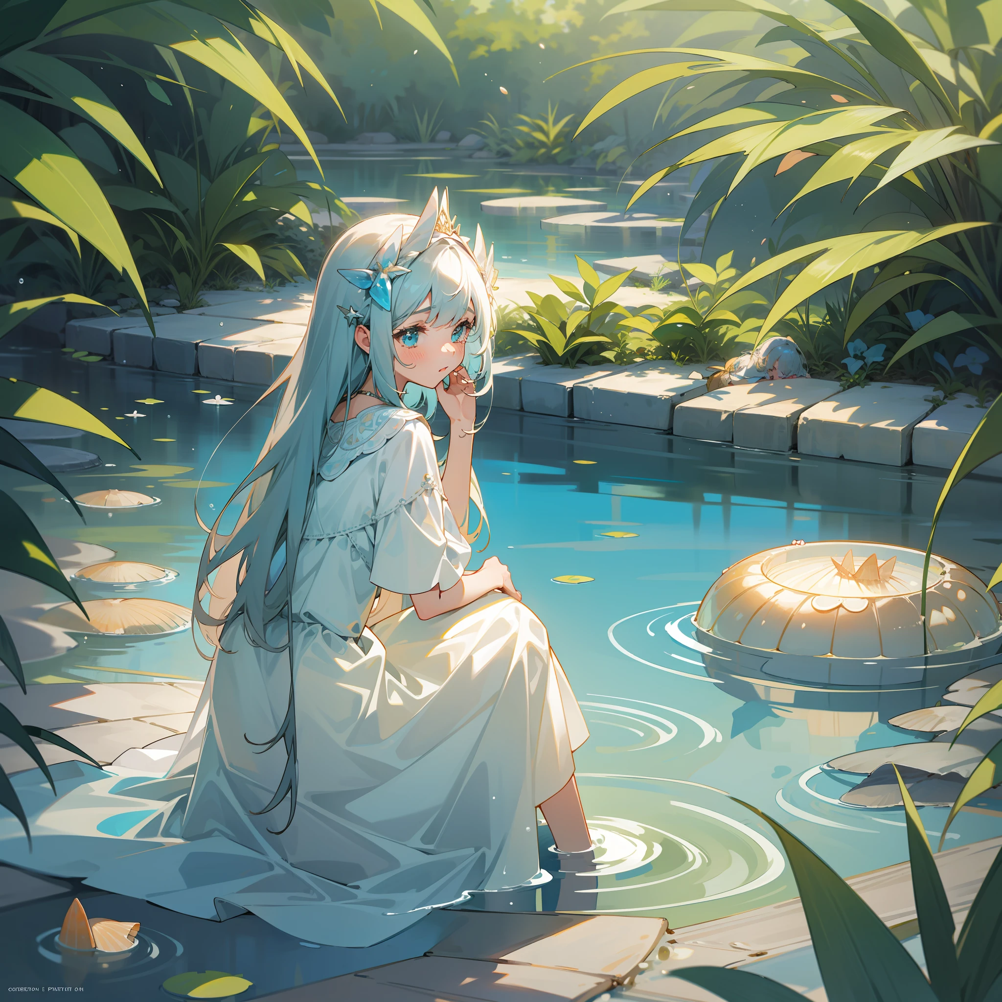 girl + cute + crystal clear water + oasis + pond + shells + perfect hands + crying + melancholic + sitting on the sand [masterpiece, ultra detailed, well-made, award winning drawing, 8k, HD]