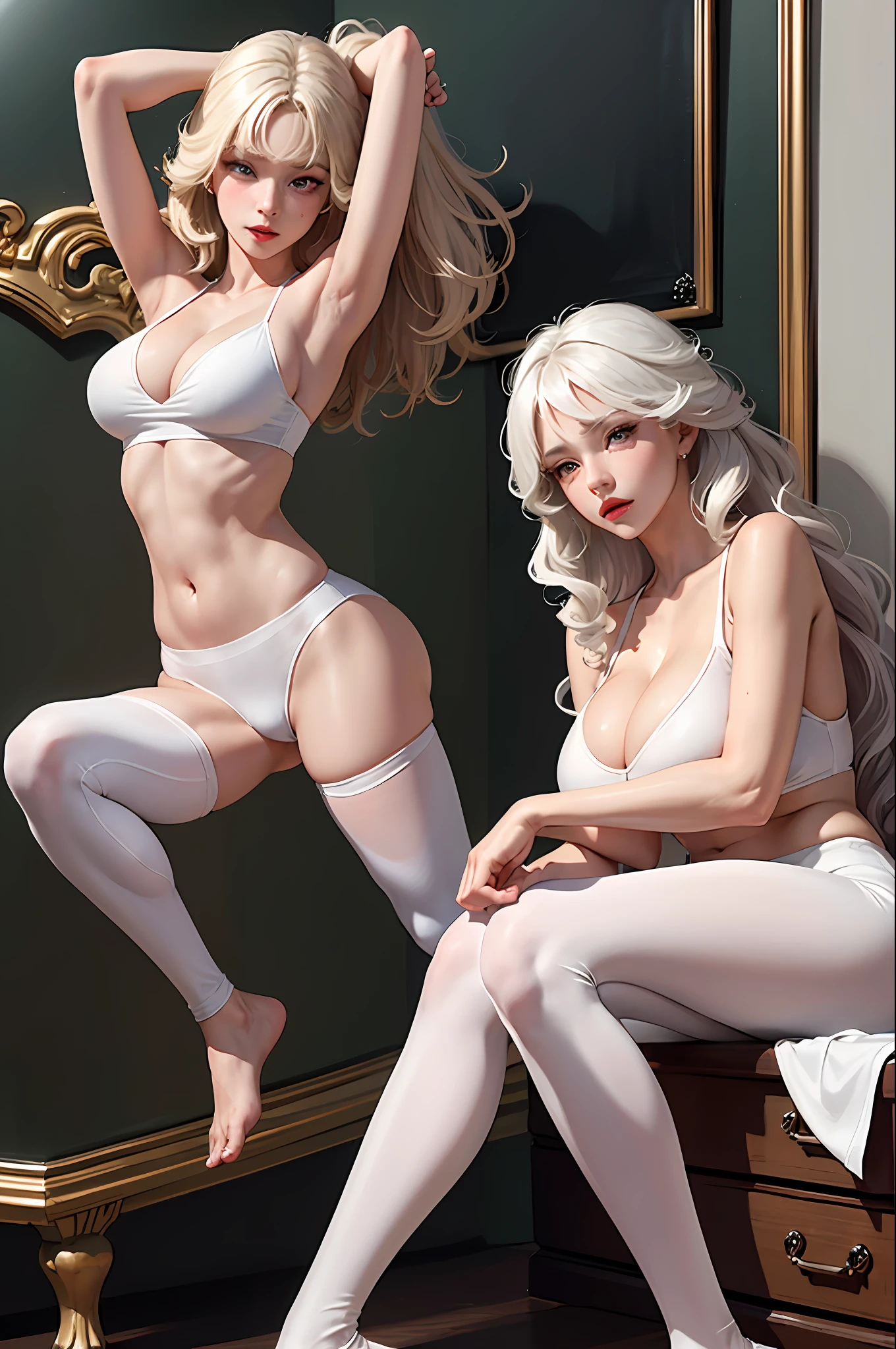 (Ultra Real), (Illustration), (High Resolution), (8K), (Very Detailed), (Best Illustration), (Beautiful Detailed Eyes), (Best Quality), (Ultra Detailed), (Masterpiece), (Wallpaper), (Detailed Face), Solo 1 Girl, White Wavy Hair, Korean, Iris Heterochromic Eyes, Small moles under the eyes, Loose white shirt, Yoga Pants, Long Legs, Tight Abs, Camel Toes, Dynamic Pose,Huge, Cleavage, Plump Lower Body