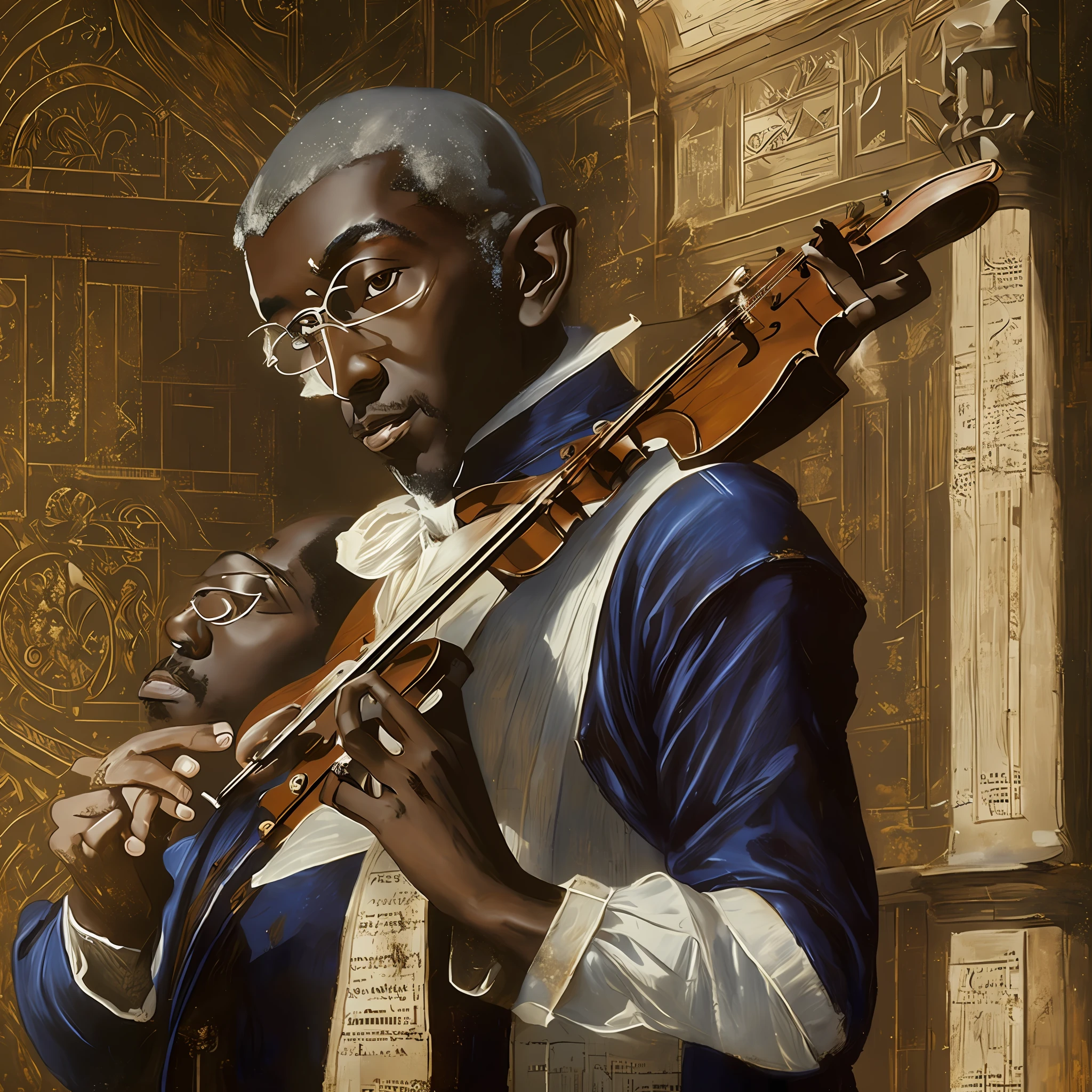 Dark-skinned Elf man with short hair playing the violin. In a medieval world Realistic art --auto --s2