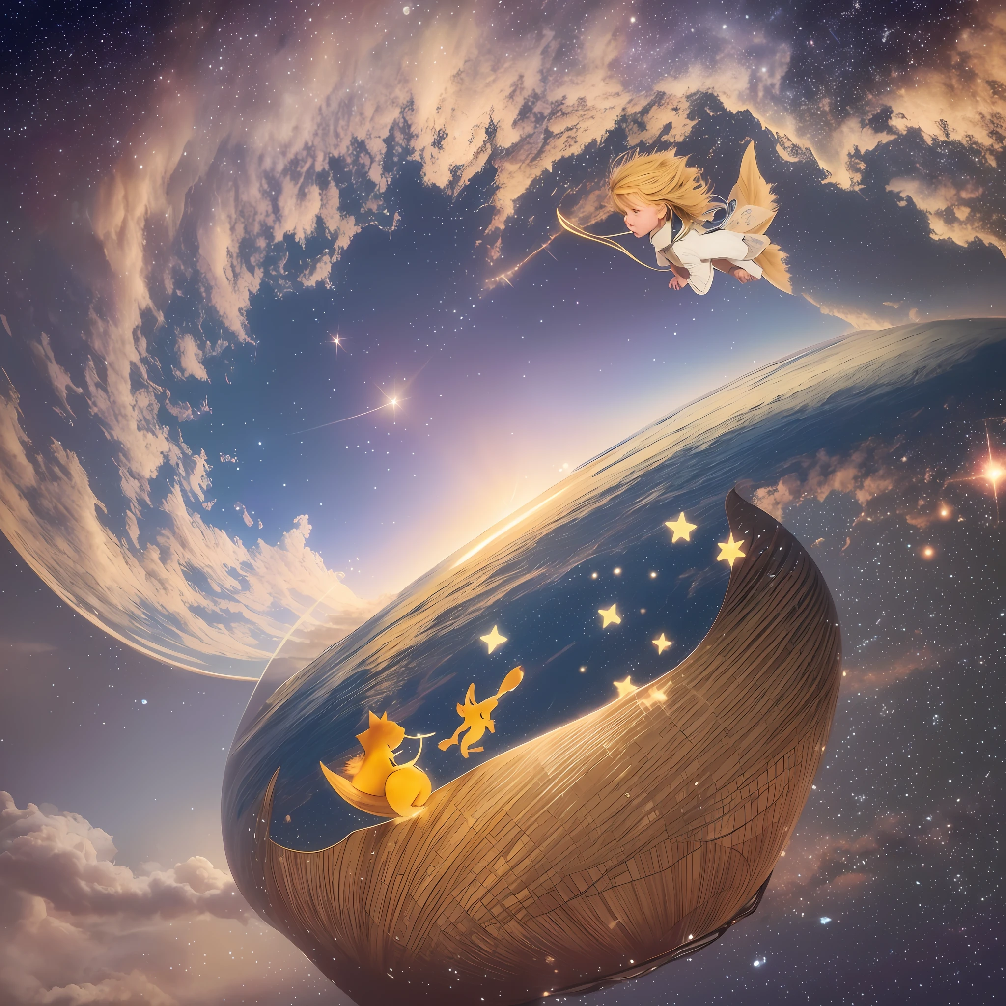Dear AI Image Creation Team, I would like to request a prompt-based image creation inspired by the beloved children's story, "The Little Prince." I envision a scene featuring the Little Prince himself, seated on a flying carpet alongside the Fox, while holding his cherished rose inside a glass dome, as depicted in the storybook. It is essential to capture the essence of joy and happiness on the Little Prince's face as they soar through the air. As for the background setting, I would love to see either a depiction of the desert, reflecting the vastness and solitude portrayed in the story, or a celestial scene showcasing the universe in all its splendor. To ensure the highest level of quality and realism, I kindly request the image to be created with the following specifications: 8K resolution, UHD (Ultra High Definition), utilizing severe low lighting for a dramatic effect. It is crucial to achieve exceptional image quality with a sharp focus and attention to detail. I would greatly appreciate if the image could be created using the Fujifilm XT3 camera, known for its exceptional image capturing capabilities. Thank you in advance for your exceptional artistic skills and attention to detail in bringing this beloved story to life. I eagerly await the final image, presented in the specified format and qualities. Note: The above text has been revised and translated into English to include the requested details --auto --s2