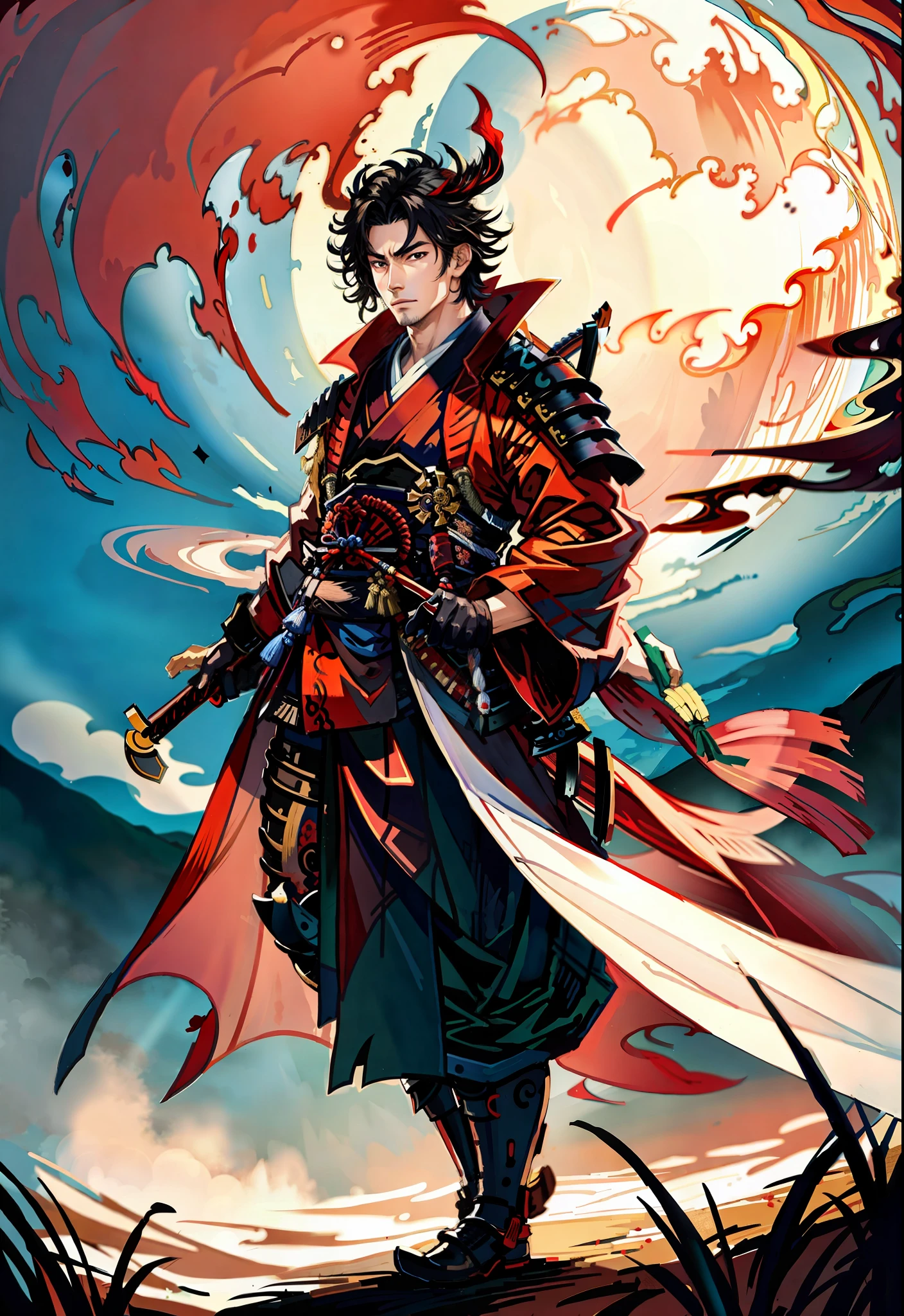 masterpiece, best quality, samurai in red kimono, cloth flowing in the air, moon, boreal steppe, sfw