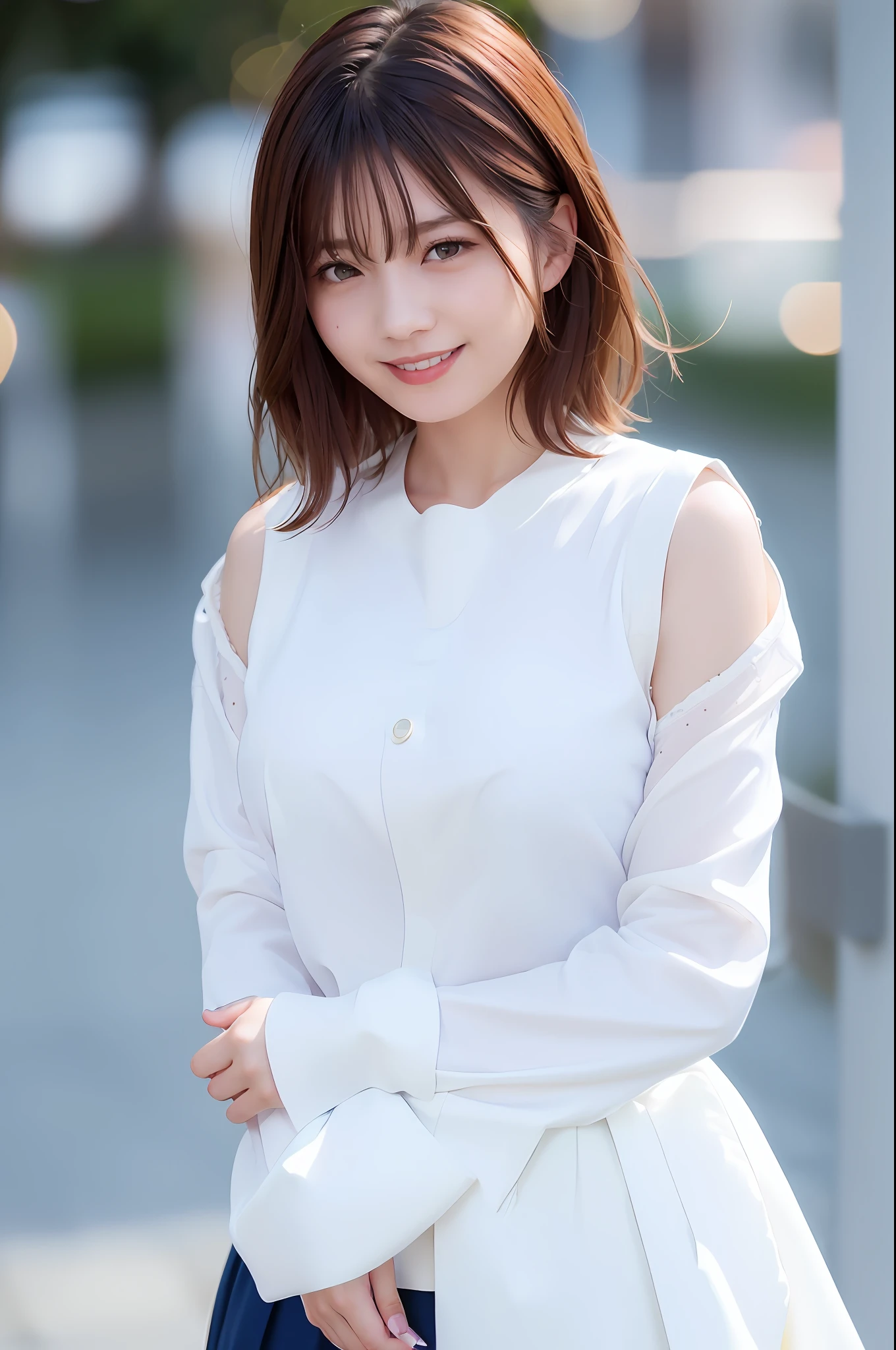 (skin spots: 1.2), (skin dentation), Black eyes, 1 female, 25 years old, ((((Female))), Solo, Real, Best Quality, Photorealistic, Masterpiece, 8K, High Resolution, Solo, Very Detailed Face, (Professional Lighting, Bokeh), (Light Particle, Lens Flare, Luminous Particle: 0.6), (Dynamic Pause: 1.2), Soft Lighting, Top Angle View, fashionable and trendy, Japan, street, urban, Tokyo, Ginza, ((daytime)), sky, ((view viewer:1)), (look at camera), (portrait: 0.6), cowboy shot, gorgeous, standing, keep original facial proportions, broad shoulders, full body, (((huge chest))), (Tearing chest)))), (short hair), brown hair, floating hair, lips, lipstick , seductive smile, floating hair, smile, open_mouth, teeth, (white blouse without sleeves), (jumper skirt), eyelashes, moles, (moles under the eyes: 1),