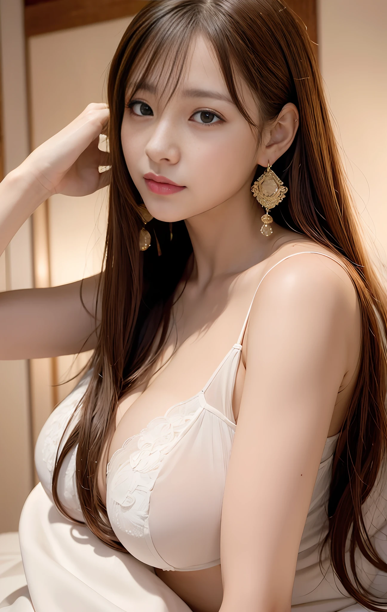 best quality, high res, 8k, 1girl, cleavage, gorgeous, (long hair), beautiful earrings, japanese woman,