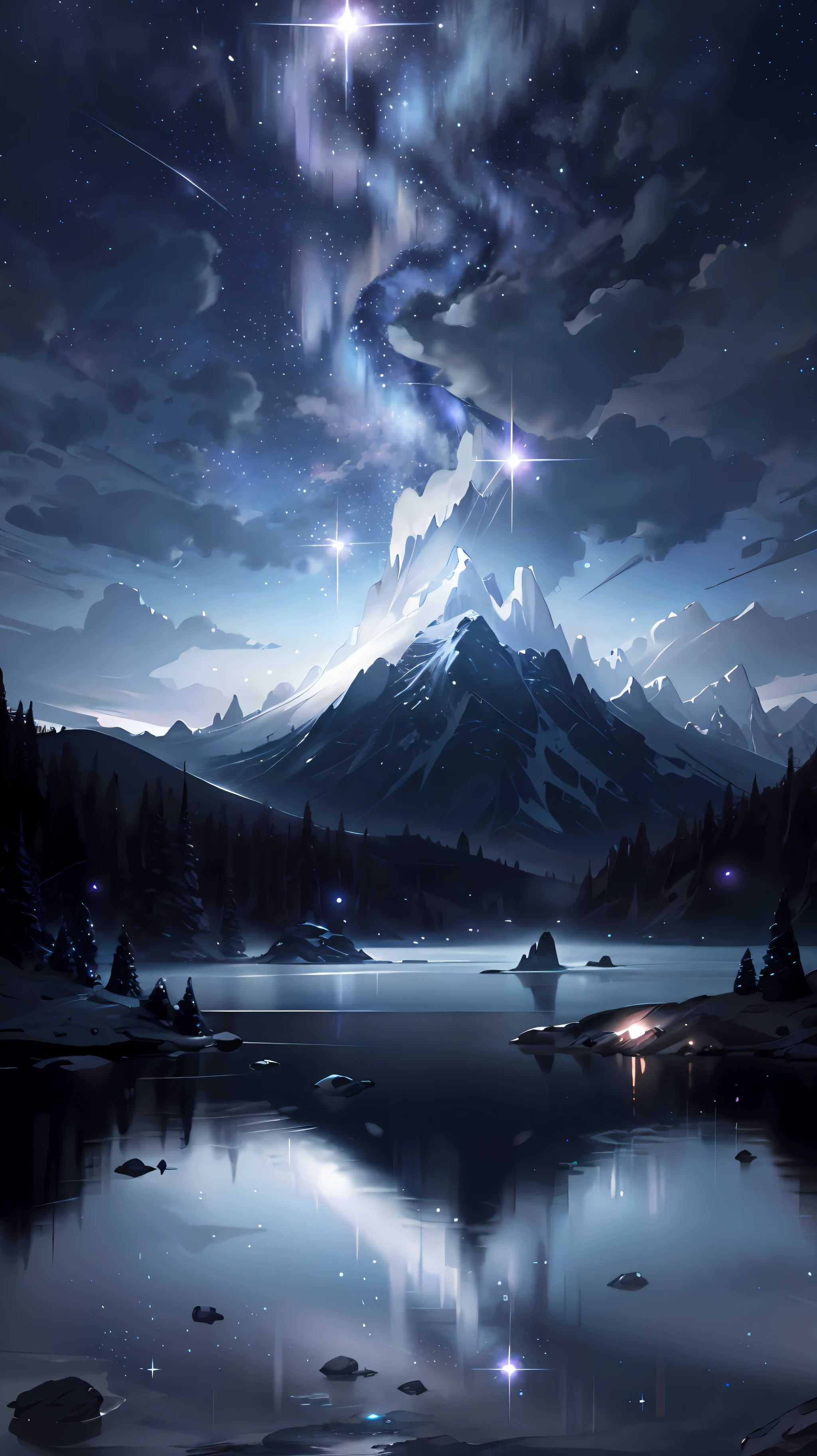 Starry Sky with Mountains and Lake, Jessica Rossier, Inspired by Jessica Rossier, Jessica Rossier Fantasy Art, Concept Art Magic Highlights, Official Artwork, Dream Painting, Ethereal Realm, Atmospheric artwork, dreamy matte paintings, serene endless stars inspired by Ted Nasmith, moonlit starry environments, epic music album covers.