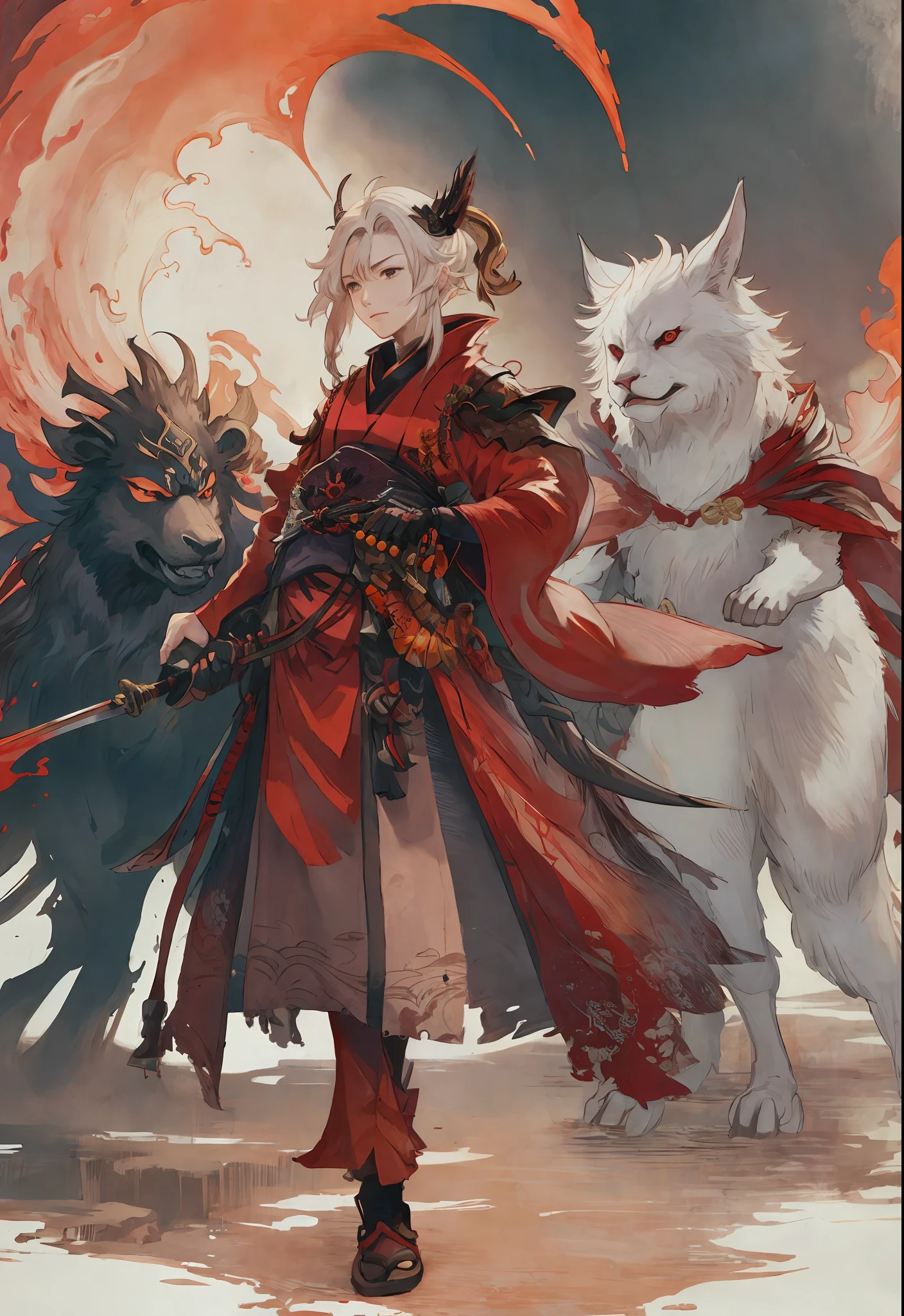 masterpiece, best quality, samurai in red kimono, cloth flowing in the air, moon, boreal steppe, sfw