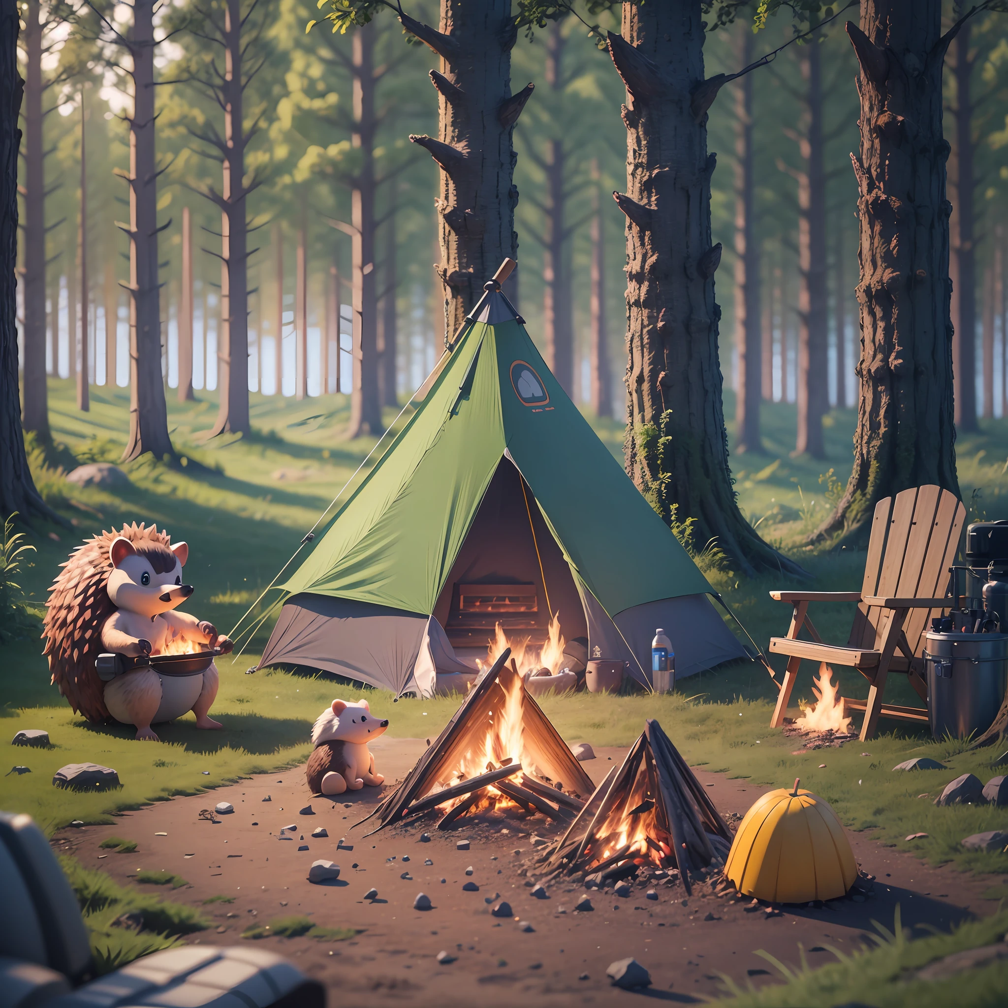 8k, ultra-detailed, physically based rendering, hedgehog, camping, outdoor, having a bonfire --auto --s2