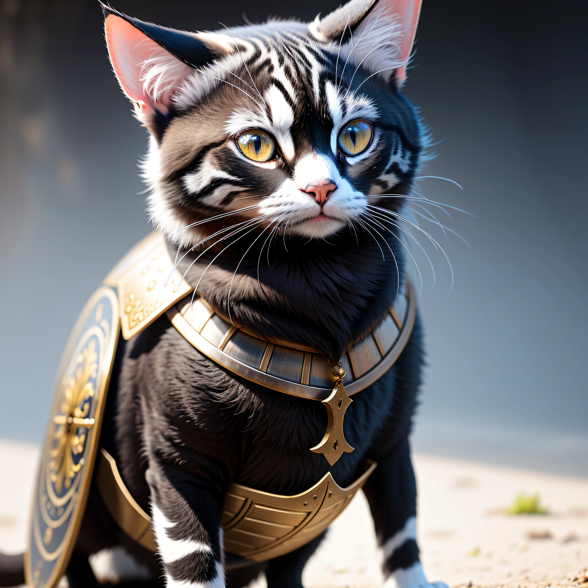 black and white cat in medieval armor, ready for battle)