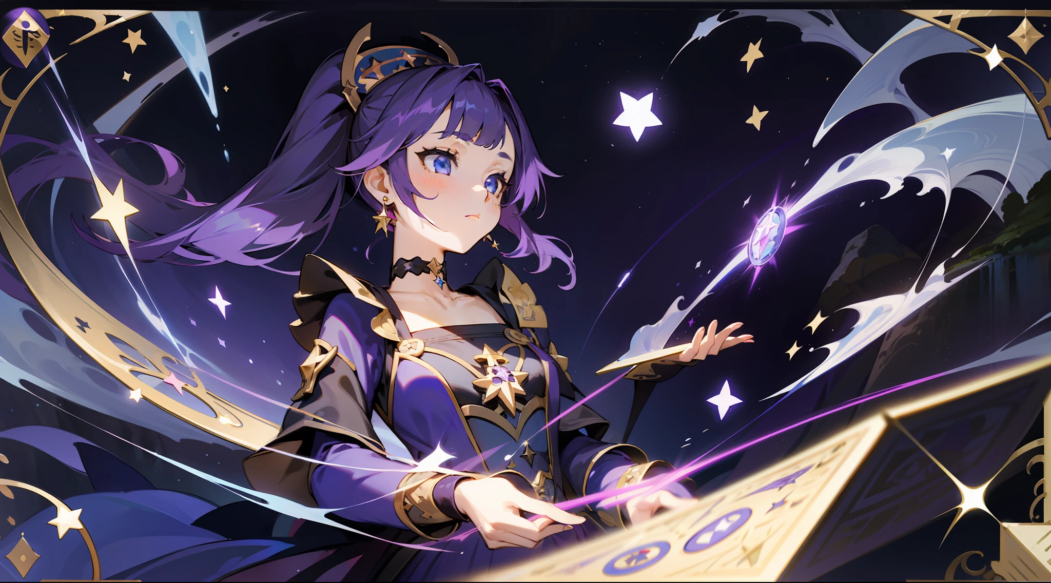 (1 girl), illustration, Mona \(Genshin Impact\), choker, star \(symbol\), witch, blue eyes, shining eyes, dark purple hair, dark purple hair, ponytails, earrings, white apron, purple dress, gold jewelry, landscape, night, water, magic, divination, tarot cards, spread, fortune-telling, card spread, fortune teller