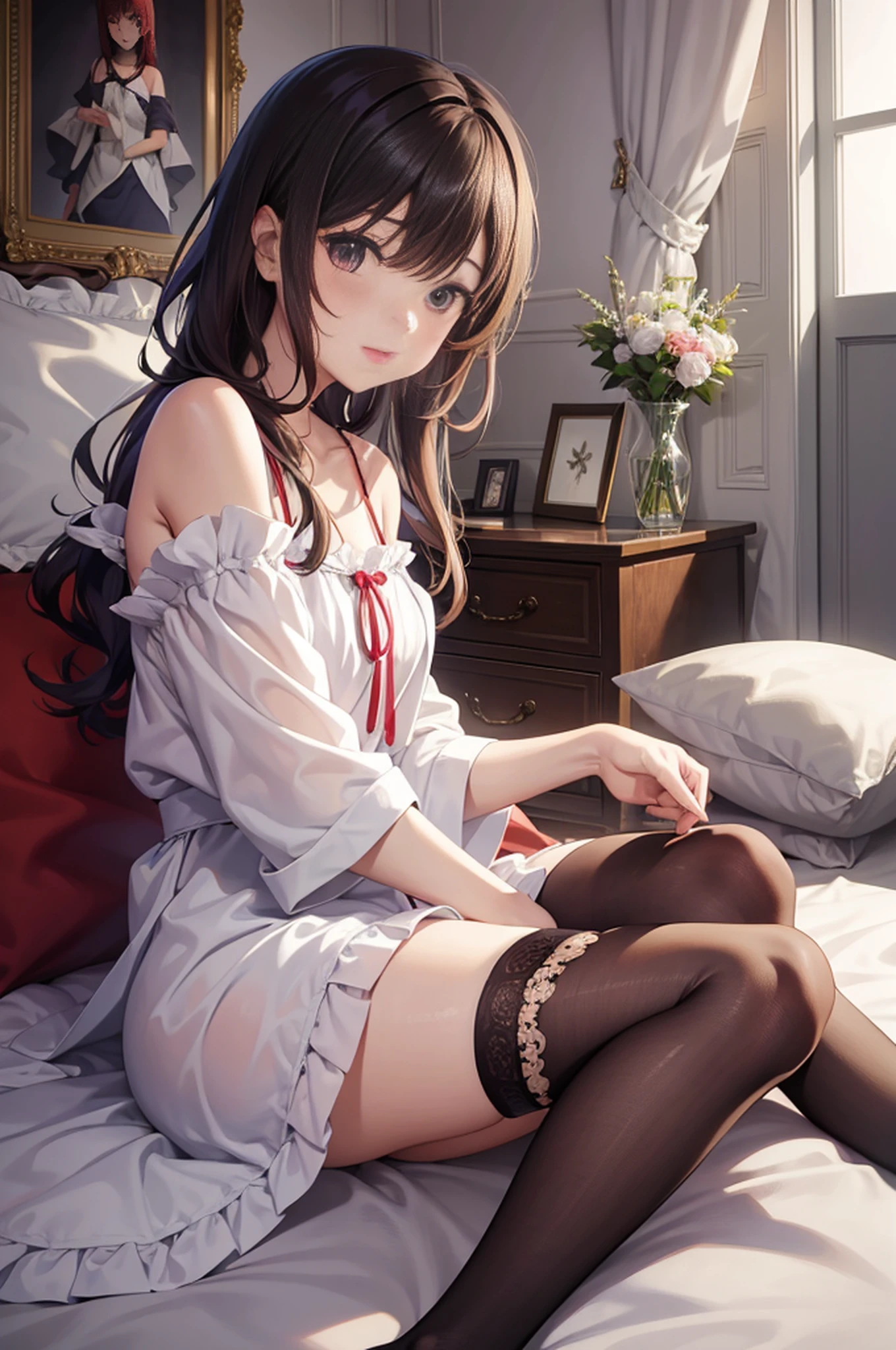 there is a woman sitting on a bed with a pillow, sakimichan, chiho, narumi kakinouchi, shiori teshirogi, iwakura lain, kimi takemura, anime girl in real life, harumi, nishimiya shouko, sakimichan hdri, sitting on a bed, shikamimi
