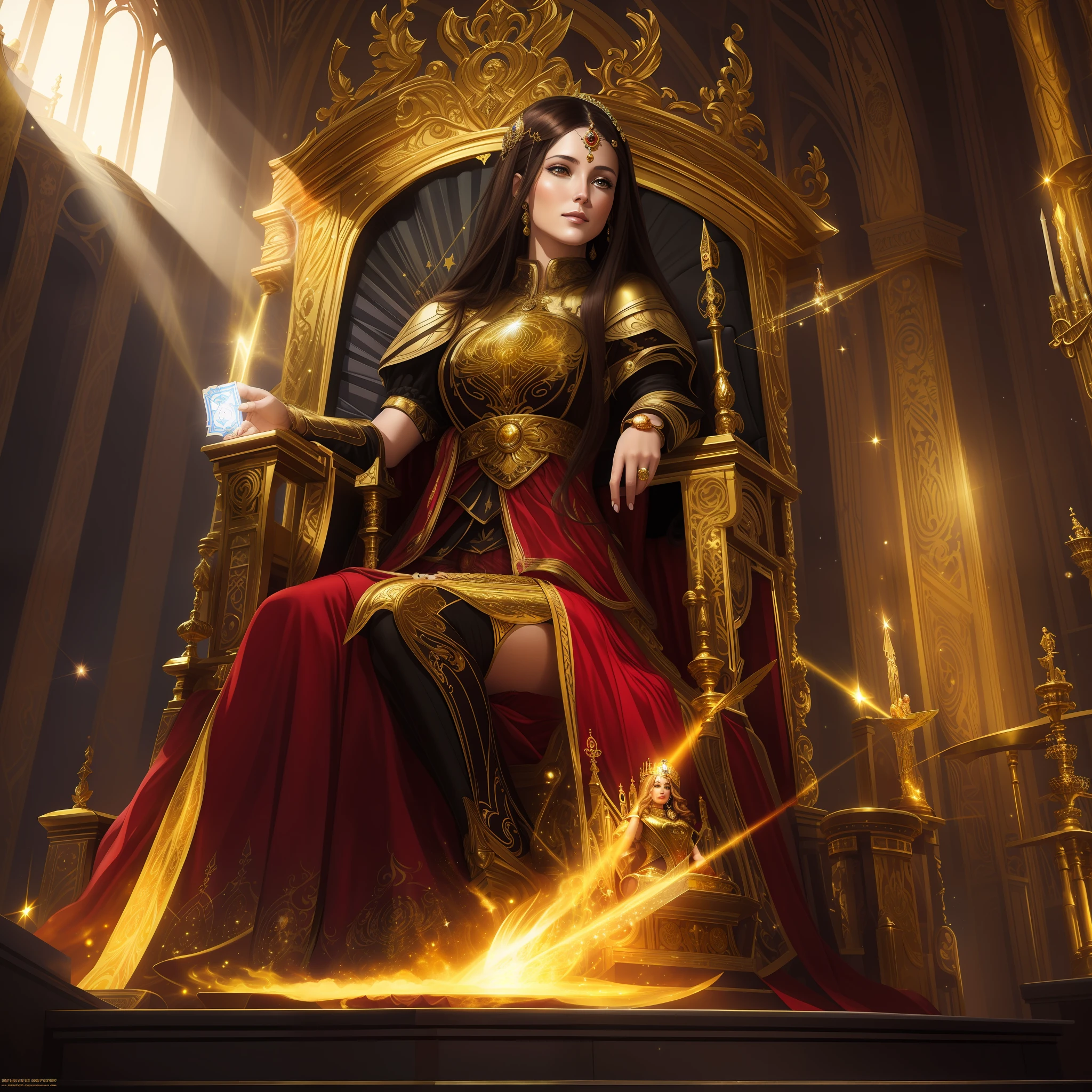woman, brown hair, on a golden throne, preparing a cosmic magic, in the right hand ,sitting on the golden throne, graphic artist magali villeneuve, golden throne, sitting on a golden throne, portrait of the queen of light, sitting on her throne, a beautiful empress of fantasy, magali villeneuve', fantasy art of card game
