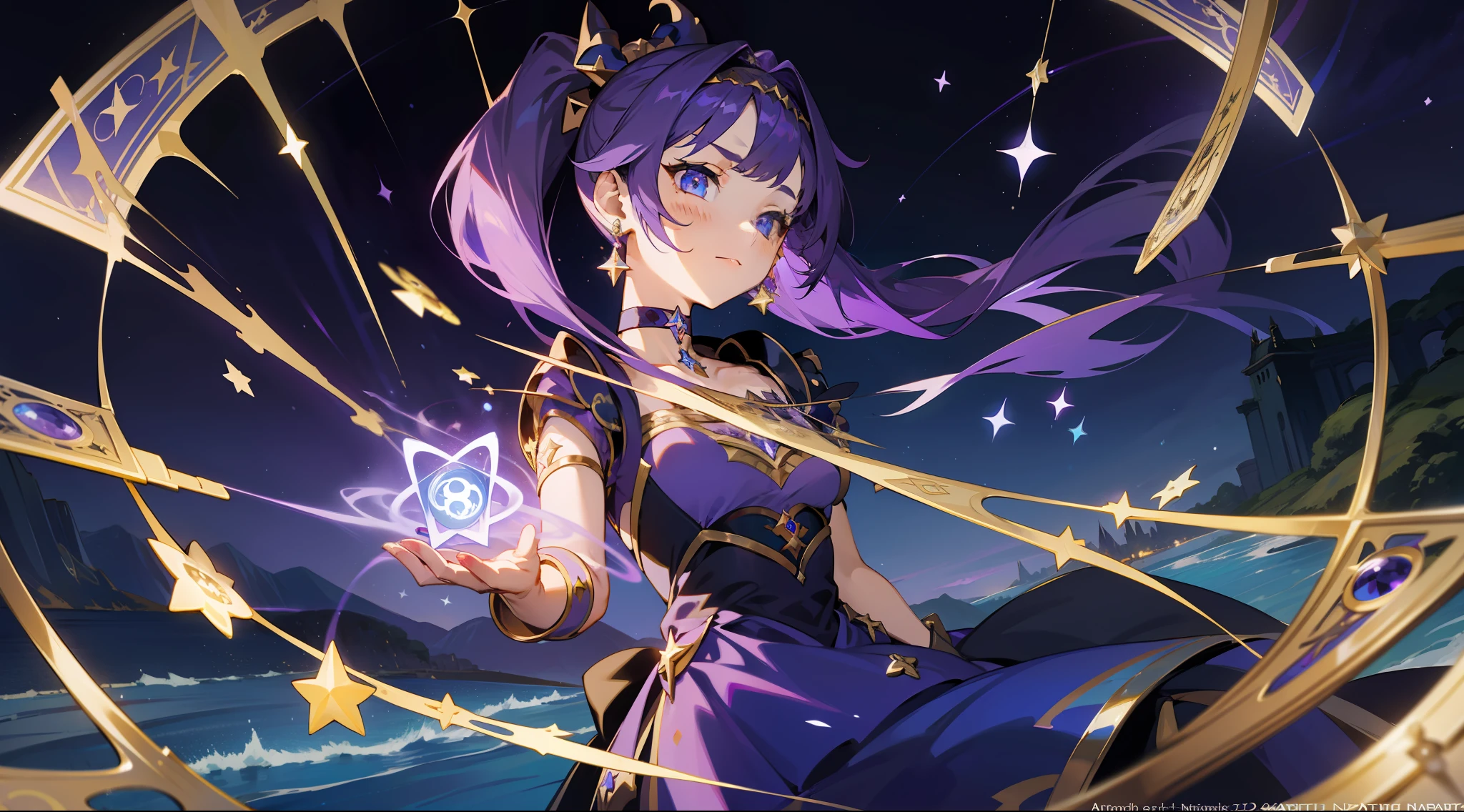 (1 girl), illustration, Mona \(Genshin Impact\), choker, star \(symbol\), witch, blue eyes, shining eyes, dark purple hair, dark purple hair, ponytails, earrings, white apron, purple dress, gold jewelry, landscape, night, water, magic, divination, tarot cards, spread, fortune-telling, card spread, fortune teller