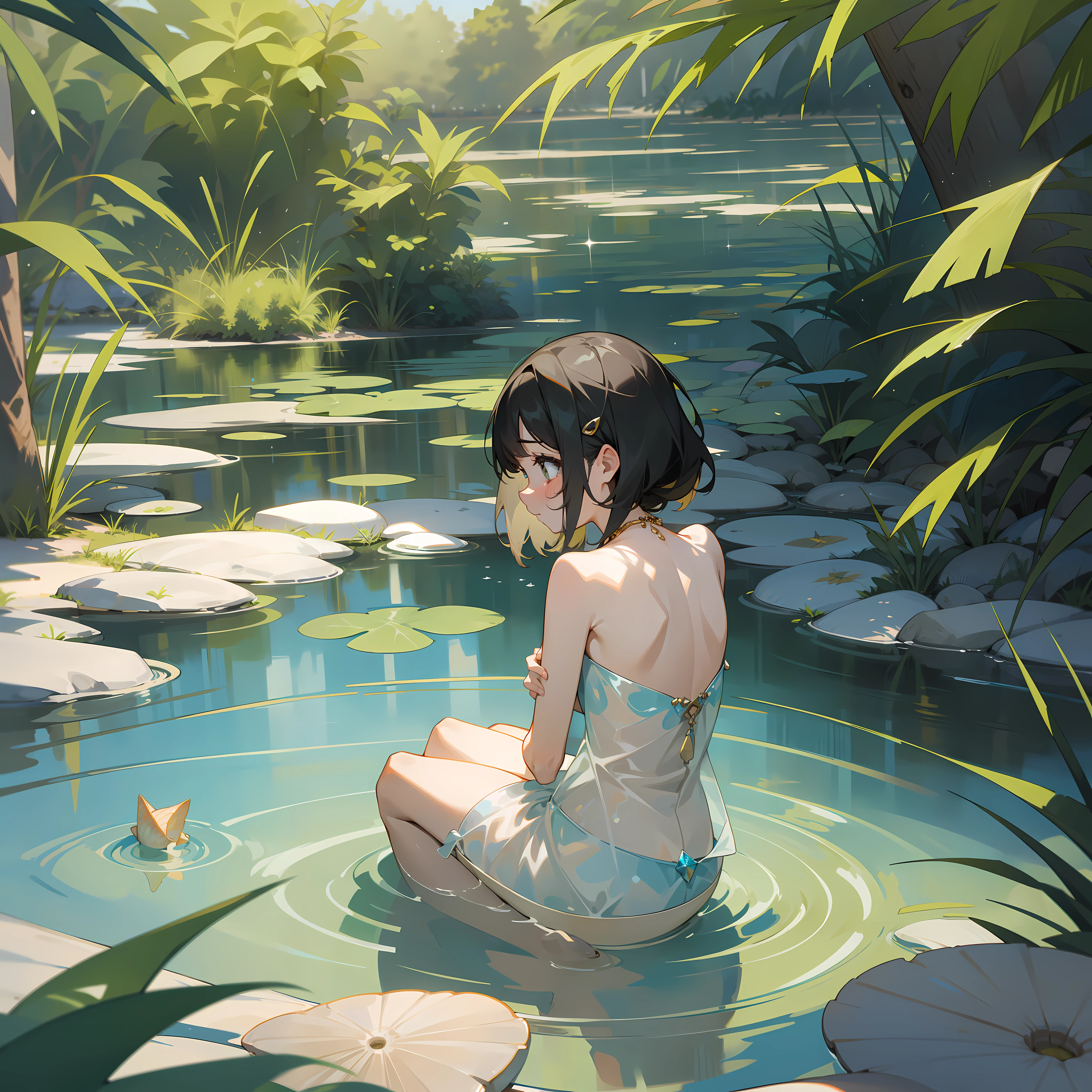 girl + cute + crystal clear water + oasis + pond + shells + perfect hands + crying + melancholic + jumping in the sand [masterpiece, ultra detailed, well-made, award winning drawing, 8k, HD]