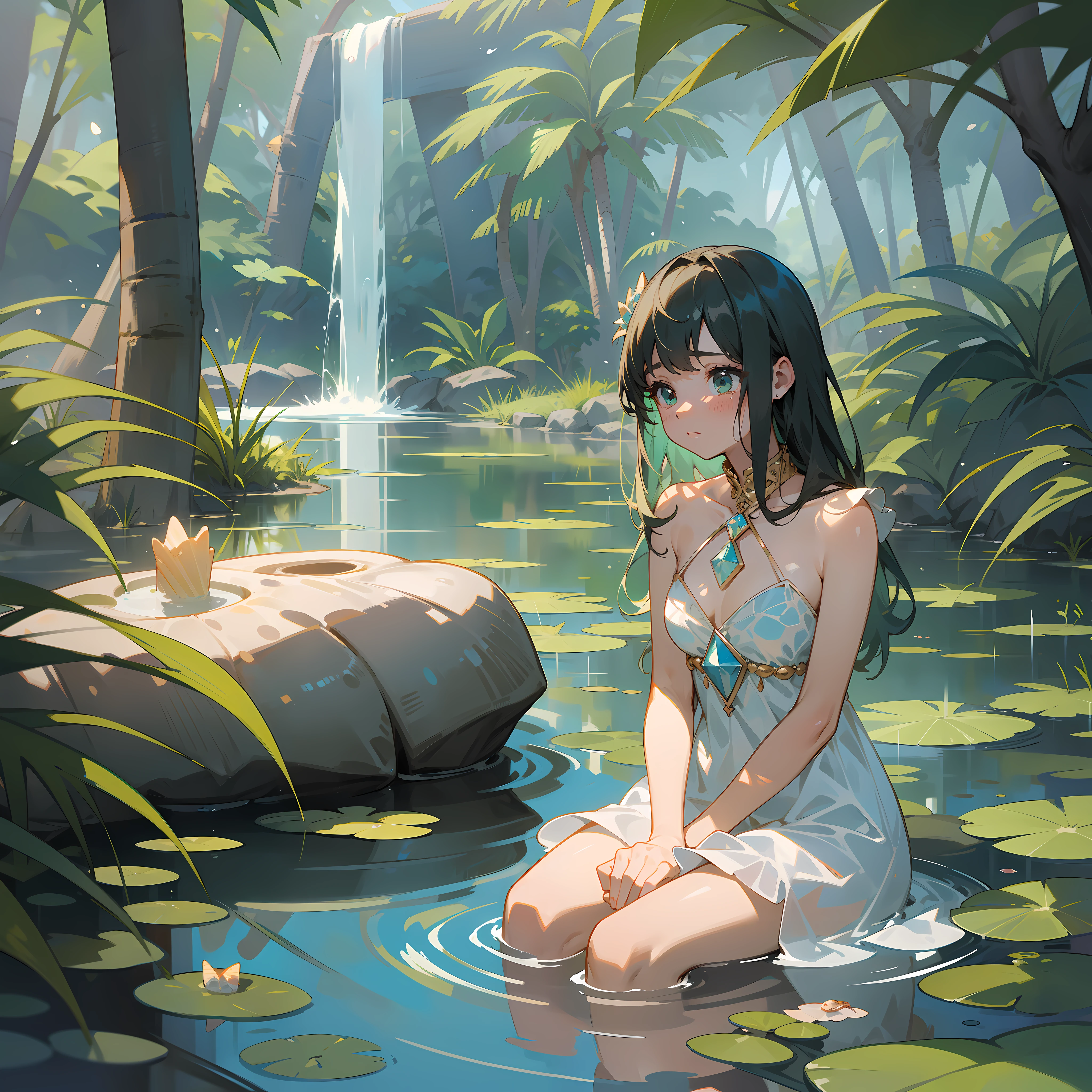 girl + cute + crystal clear water + oasis + pond + shells + perfect hands + crying + melancholic + sitting on the sand [masterpiece, ultra detailed, well-made, award winning drawing, 8k, HD]
