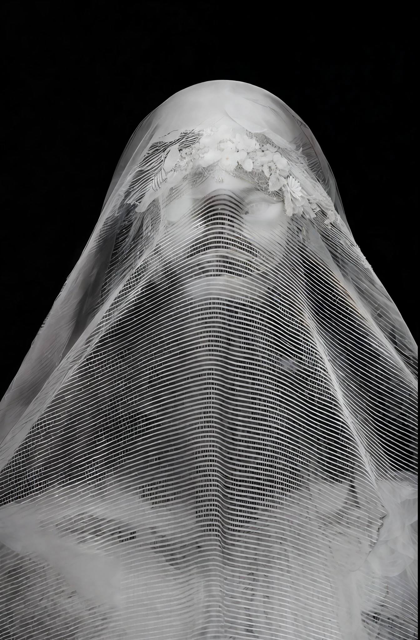 a close up of a veiled woman with a black background, veiled face, veiled, funeral veil, wearing translucent veils, transparent veil, veil, fine cyborg lace, vespertine, extremely detailed goddess shot, intricate art photography, shrouded face, flora borsi, 4k symmetrical portrait, 4 k symmetrical portrait, draped in transparent cloth