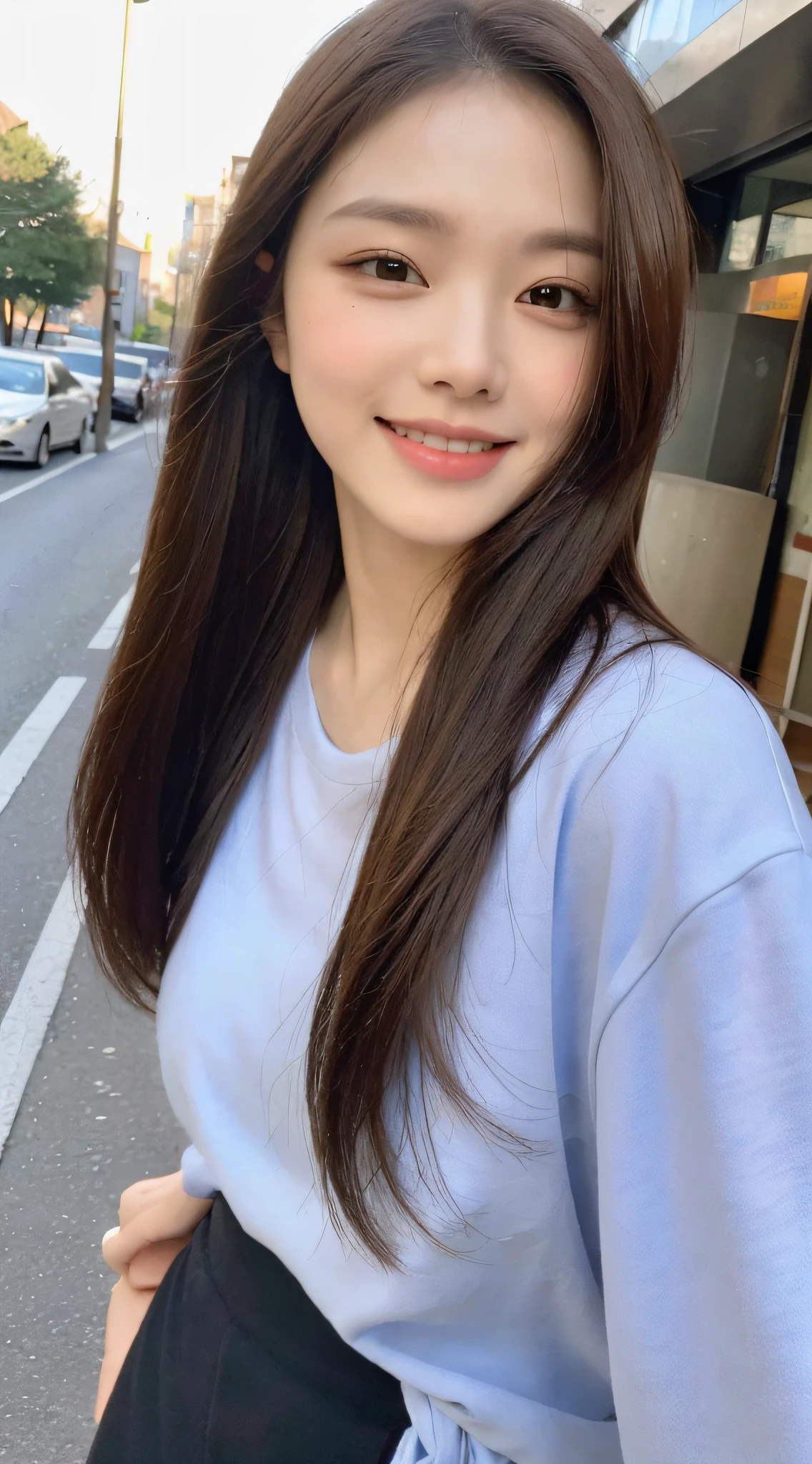 ((Top Quality, 8k, Masterpiece: 1.3)), Focus: 1.2, Perfect Body Beauty: 1.4, Buttocks: 1.2, Big: 1.5, (Layered Haircut: 1.2)), (Street, Street: 1.3), Highly Detailed Face and Skin Texture, Narrow Eyes, Double Eyelids, Whitening Skin, Long Hair, (Round Face: 1.5), Sweet smiling