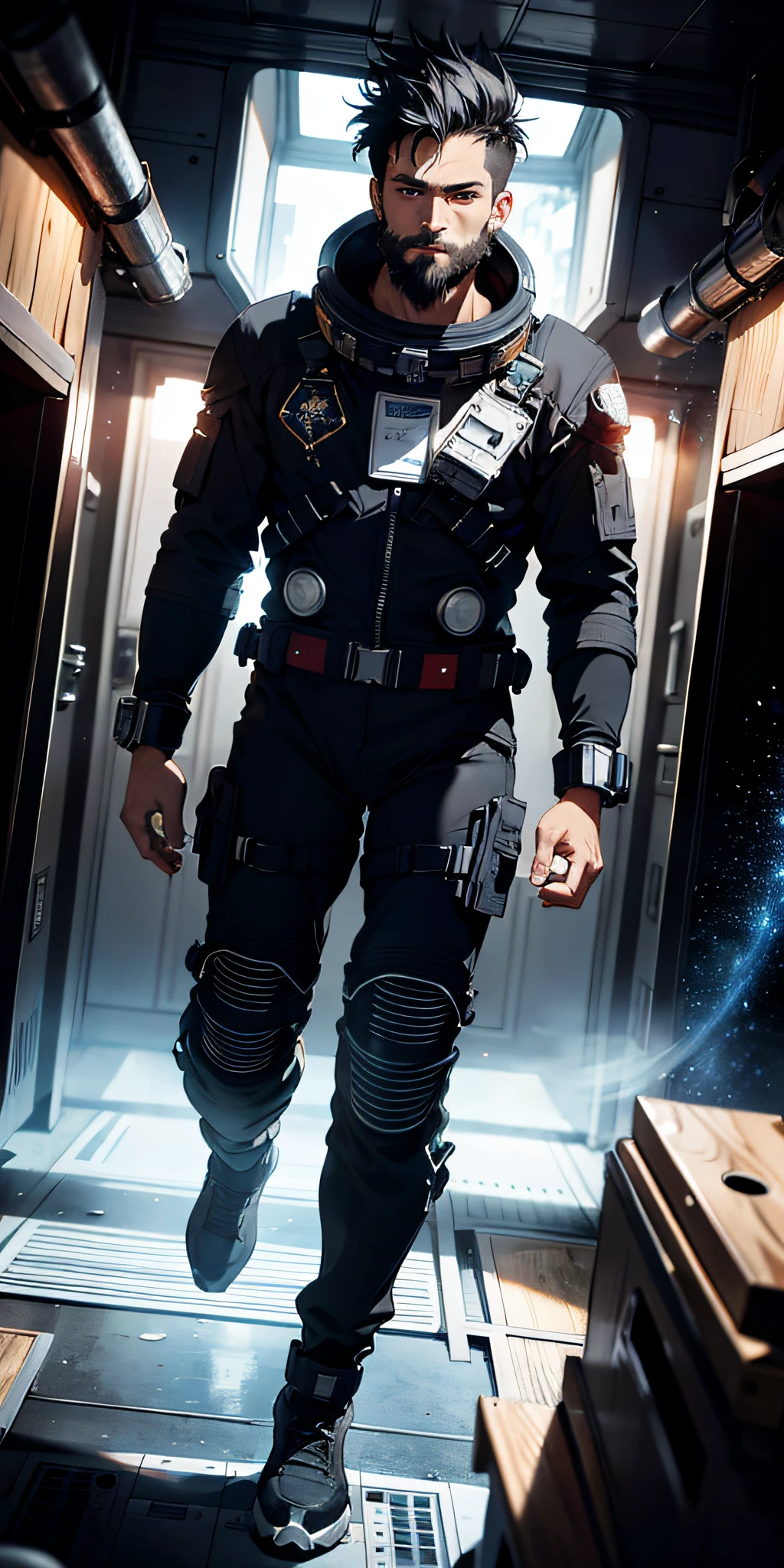 Absurd resolution, high resolution, (masterpiece:1.4), ultra-detailed, 1 black haired man, short hair, scruffy beard, abs, muscular, in spacesuit and seen from above, space, floating, wide-angle lens distortion