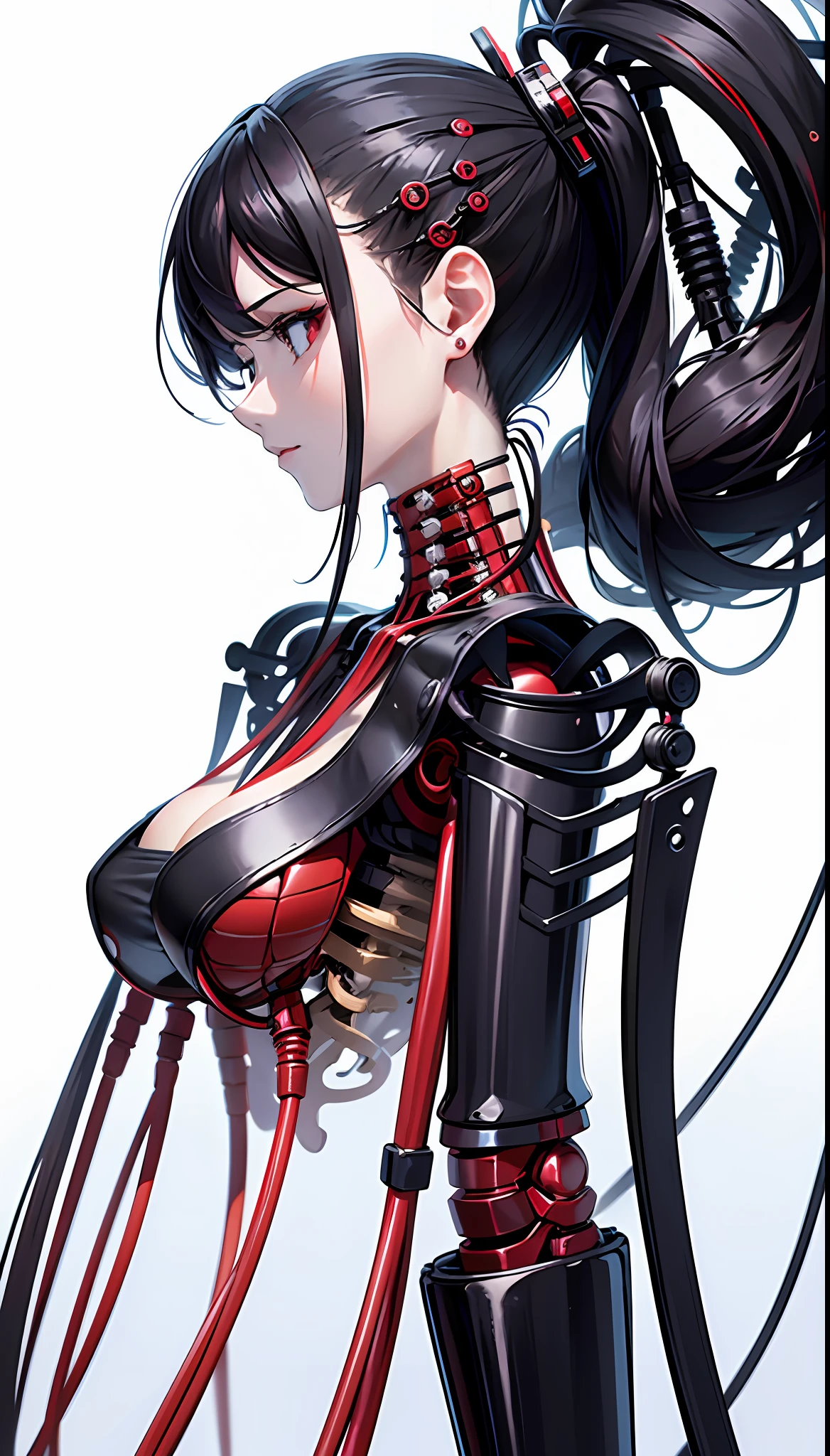 (Masterpiece, Top Quality, Best Quality, Official Art, Beautiful Indulgence: 1.2), (1 Girl: 1.3), Very Detailed, Colorful, Supreme Detail ((Ultra Detailed)), (Highly Detailed CG Illustration), (Very Delicate and Beautiful)), (From the Side), Cinematic Light, (1 Machine Girl)), Solo, Full Body, (Mechanical Joints: 1.2), ((Mechanical limbs)), (Blood vessels connected to tubes), ( Mechanical vertebrae attached to the back), ((Mechanical cervical vertebrae attached to the neck)), expressionless, (Wires and cables attached to the neck: 1.2), (Head wires and cables: 1.2) (Character focus), (Lower body integrated with mechanical devices), Science fiction, White background, (Blood: 1.5), cruelty, absurdity, erotic rotesque, fusion with machines