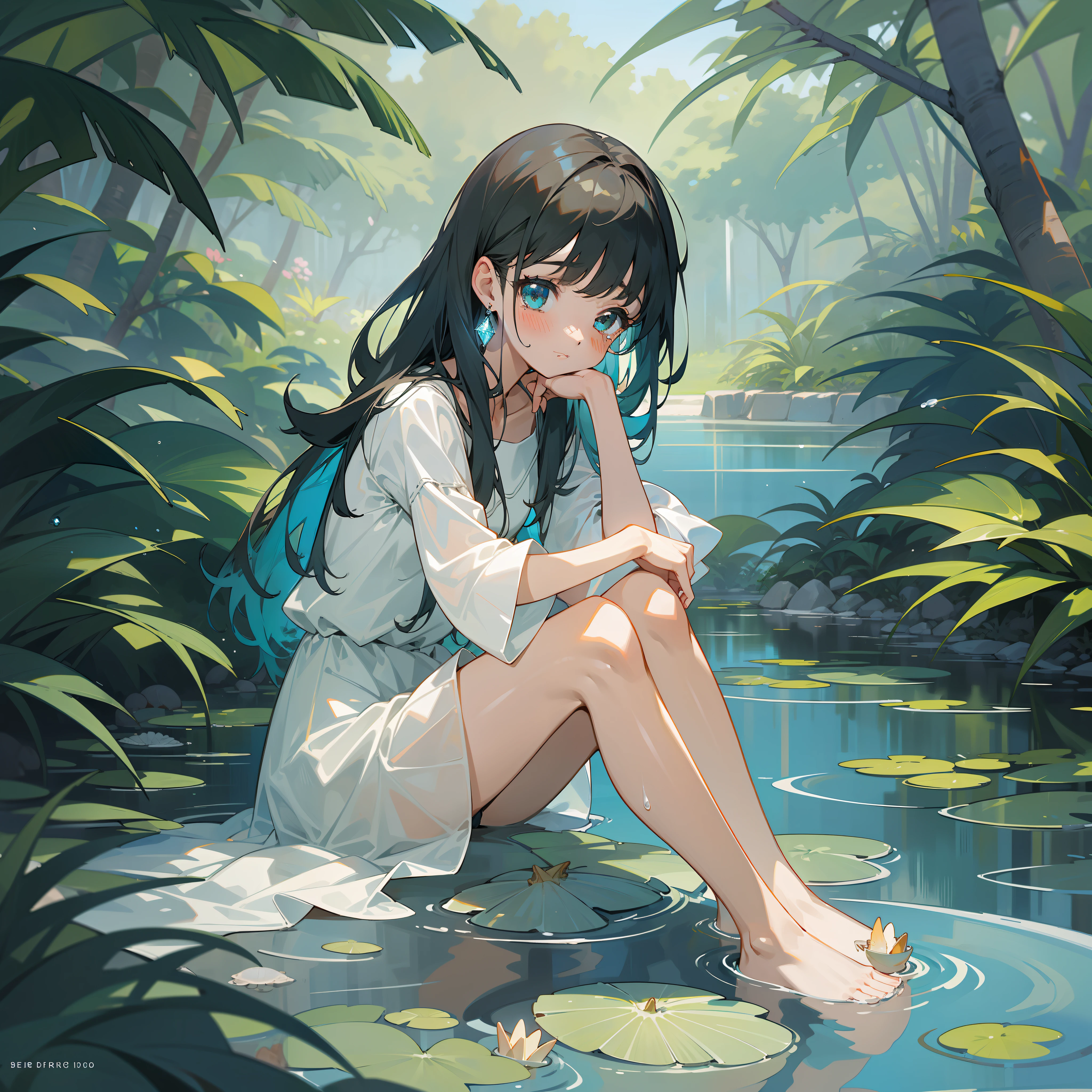 girl + cute + crystal clear water + oasis + pond + shells + perfect hands + crying + melancholic + sitting on the sand [masterpiece, ultra detailed, well-made, award winning drawing, 8k, HD]