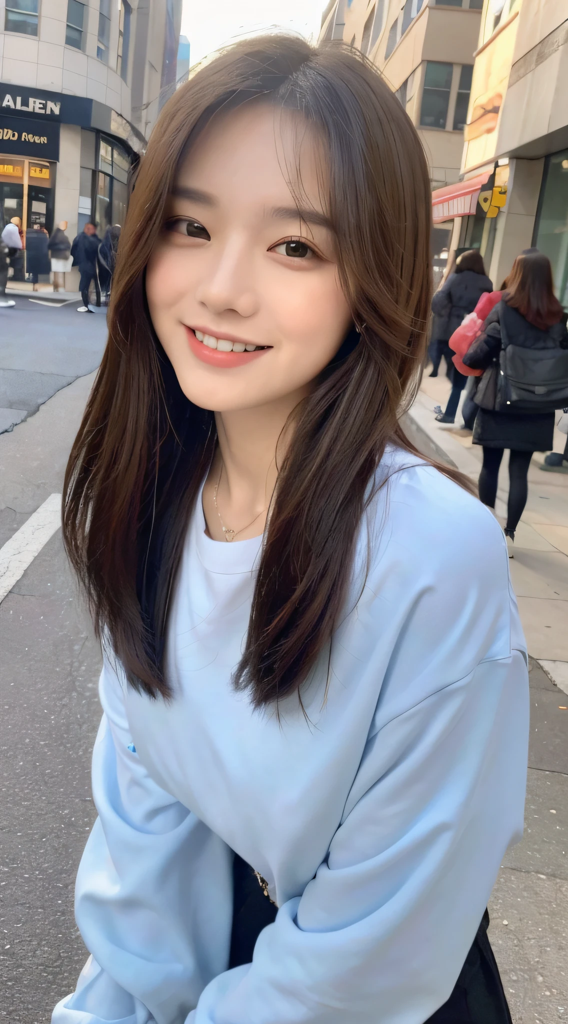 ((Top Quality, 8k, Masterpiece: 1.3)), Focus: 1.2, Perfect Body Beauty: 1.4, Buttocks: 1.2, Big: 1.5, (Layered Haircut: 1.2)), (Street, Street: 1.3), Highly Detailed Face and Skin Texture, Narrow Eyes, Double Eyelids, Whitening Skin, Long Hair, (Round Face: 1.5), Sweet smiling