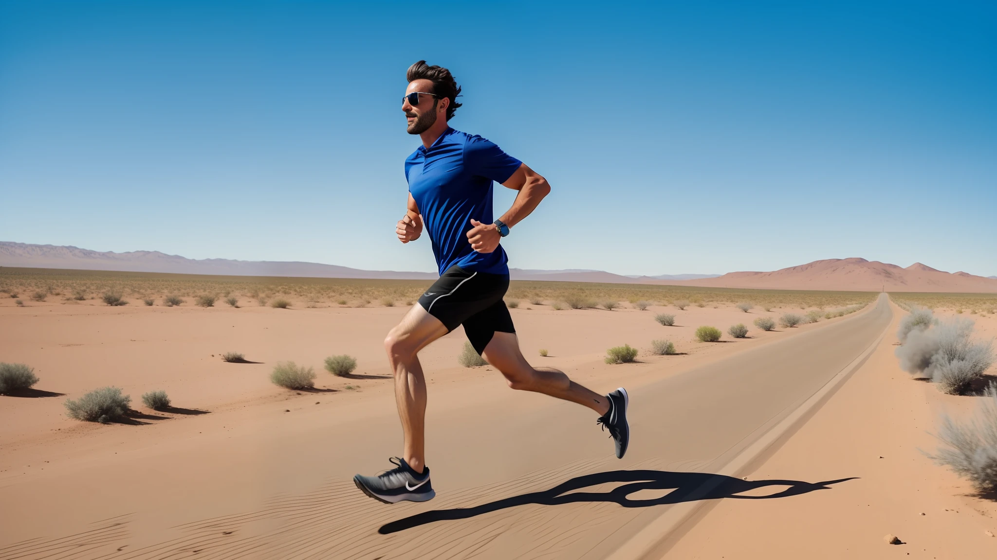 Award winning photo of a long distance jogger running for his life to avoid random ground explosions all around him on an unpaved desert road. --auto --s2
