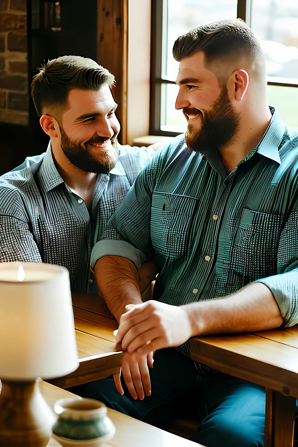 In a cozy restaurant, a table is set for two, adorned with a white tablecloth and flashing candlelight. (((Two stout, burly, lumberjack-like men))), are sitting across from each other, engaged in deep conversation. Their bodies are accentuated by their plaid shirts, and their neatly trimmed beards and short military-style haircuts add to their rugged charm.

As they talk, their eyes close with a tender, affectionate gaze, expressing a deep connection and romantic interest in each other. The soft light from a large glass window bathes their faces, casting a warm glow and accentuating their features. The subtle play of light and shadow creates an intimate and romantic atmosphere, enveloping them in an aura of affection and tenderness.

His hands naturally gravitate toward each other on the table, his fingers intertwine gently. The touch is soft but charged with emotion, symbolizing their shared connection and the beginning of a romantic journey.

The atmosphere of the restaurant is carefully crafted to enhance the romantic atmosphere. Soft background music fills the air, contributing to the intimate atmosphere. The aroma of delicious food hangs in the air, adding to the sensory experience. The surrounding tables are occupied by other diners, but they disappear in the background as the focus remains on the two men and their blossoming romance.

This scene is a testament to the power of love and connection, capturing a beautiful moment of tenderness and vulnerability between two individuals. The romantic atmosphere, enhanced by soft lighting and subtle details, invites viewers to feel the warmth and intimacy of their connection.