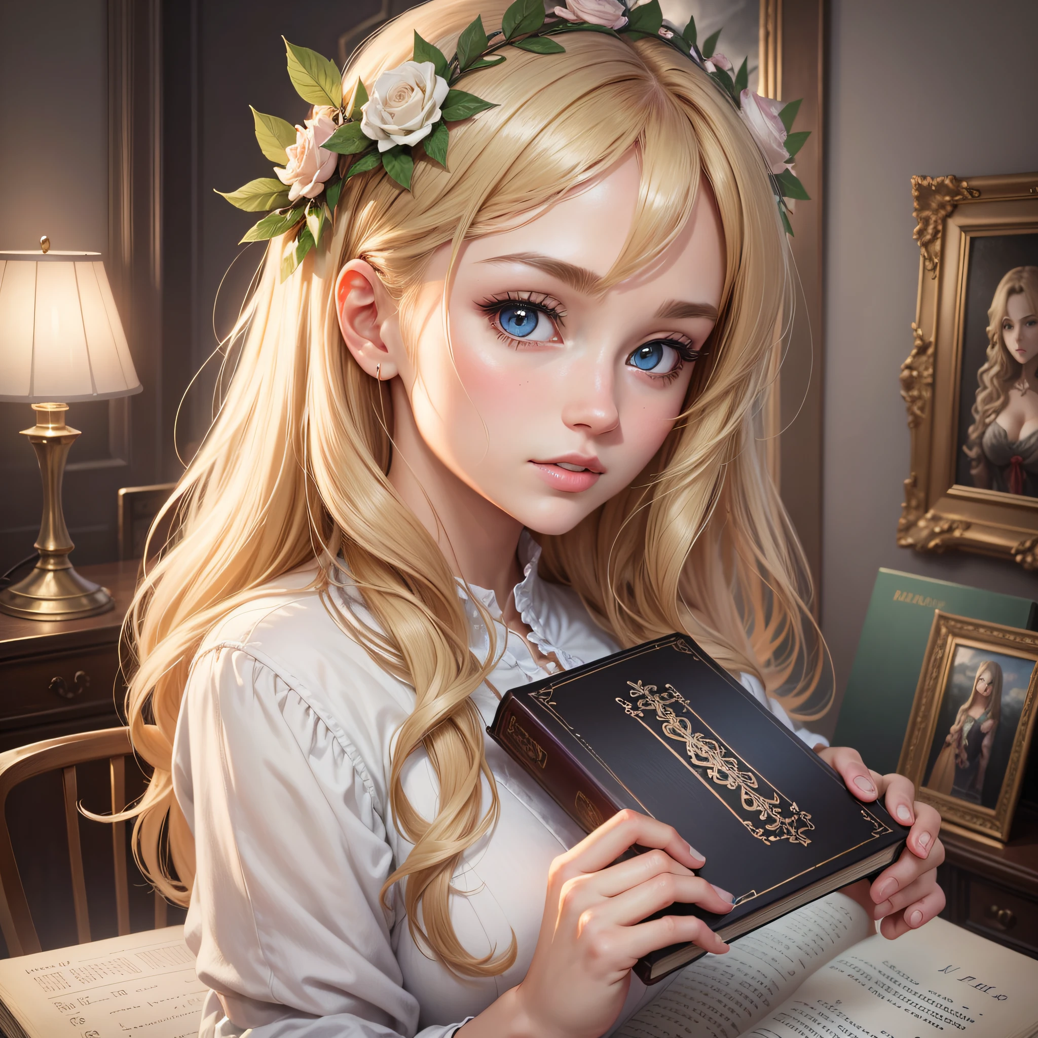 High quality illustration in 8k, considered a true masterpiece. The focus should be on a pretty girl with perfect anatomy, blonde hair, and a highly detailed face, including extremely detailed eyes with double eyelids. The scene takes place in a bright room, lit by a soft, warm candlelight. The girl, who has an anime style, holds a holy book on a table, next to an adorable wreath. The lighting should create a cinematic atmosphere, with warm tones and a dim light. The portrait should be centered, with the woman depicted standing out for her beauty and thin abs. However, hairstyles can be random, as can breasts, which can be represented as gigantic with a magnification factor of 1.55. She must be wearing casual clothes. Make sure the illustration has smooth, crisp details, highlighting every aspect, from facial features to minute details of clothing. --auto --s2