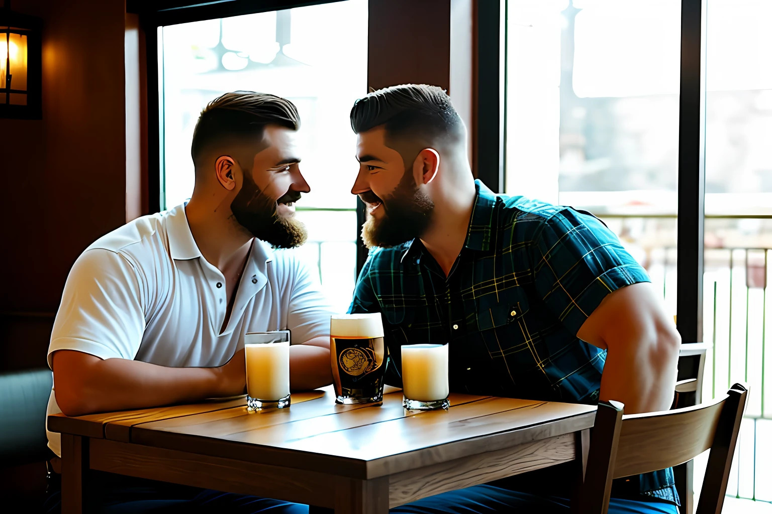 In a cozy restaurant, a table is set for two, adorned with a white tablecloth and flashing candlelight. (((Two stout, burly, lumberjack-like men))), are sitting across from each other, engaged in deep conversation. Their bodies are accentuated by their plaid shirts, and their neatly trimmed beards and short military-style haircuts add to their rugged charm.

As they talk, their eyes close with a tender, affectionate gaze, expressing a deep connection and romantic interest in each other. The soft light from a large glass window bathes their faces, casting a warm glow and accentuating their features. The subtle play of light and shadow creates an intimate and romantic atmosphere, enveloping them in an aura of affection and tenderness.

His hands naturally gravitate toward each other on the table, his fingers intertwine gently. The touch is soft but charged with emotion, symbolizing their shared connection and the beginning of a romantic journey.

The atmosphere of the restaurant is carefully crafted to enhance the romantic atmosphere. Soft background music fills the air, contributing to the intimate atmosphere. The aroma of delicious food hangs in the air, adding to the sensory experience. The surrounding tables are occupied by other diners, but they disappear in the background as the focus remains on the two men and their blossoming romance.

This scene is a testament to the power of love and connection, capturing a beautiful moment of tenderness and vulnerability between two individuals. The romantic atmosphere, enhanced by soft lighting and subtle details, invites viewers to feel the warmth and intimacy of their connection.