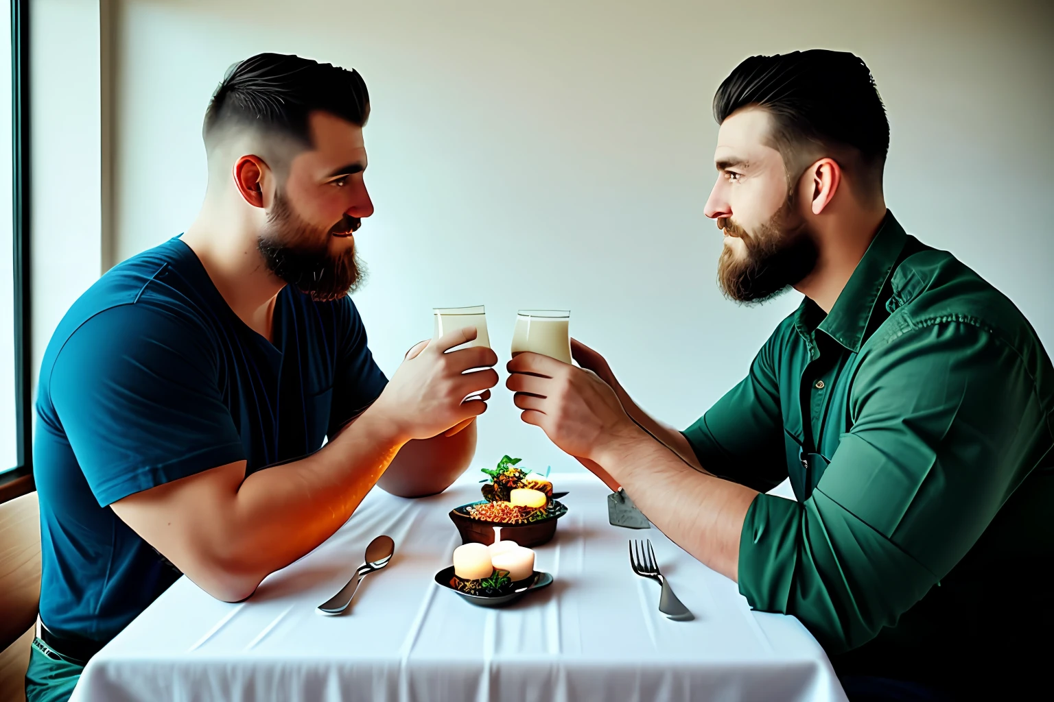 In a cozy restaurant, a table is set for two, adorned with a white tablecloth and flashing candlelight. (((Two stout, burly, lumberjack-like men))), are sitting across from each other, engaged in deep conversation. Their bodies are accentuated by their plaid shirts, and their neatly trimmed beards and short military-style haircuts add to their rugged charm.
As they talk, their eyes close with a tender, affectionate gaze, expressing a deep connection and romantic interest in each other. The soft light from a large glass window bathes their faces, casting a warm glow and accentuating their features. The subtle play of light and shadow creates an intimate and romantic atmosphere, enveloping them in an aura of affection and tenderness.
His hands naturally gravitate toward each other on the table, his fingers intertwine gently. The touch is soft but charged with emotion, symbolizing their shared connection and the beginning of a romantic journey.
The atmosphere of the restaurant is carefully crafted to enhance the romantic atmosphere. Soft background music fills the air, contributing to the intimate atmosphere. The aroma of delicious food hangs in the air, adding to the sensory experience. The surrounding tables are occupied by other diners, but they disappear in the background as the focus remains on the two men and their blossoming romance.
This scene is a testament to the power of love and connection, capturing a beautiful moment of tenderness and vulnerability between two individuals. The romantic atmosphere, enhanced by soft lighting and subtle details, invites viewers to feel the warmth and intimacy of their connection.