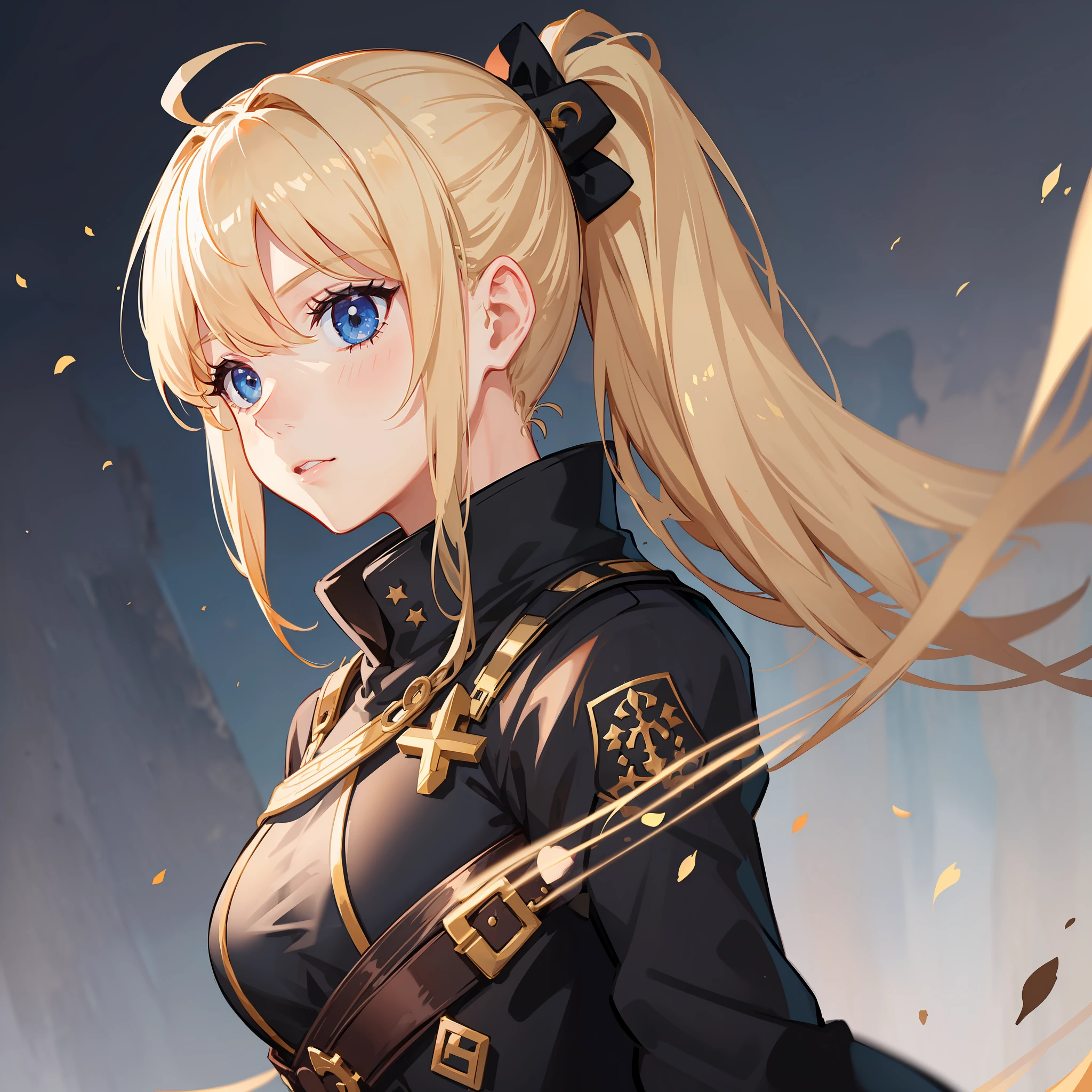 1girl, female, solo, ((black uniform)), blonde hair in ponytail, fate grand order