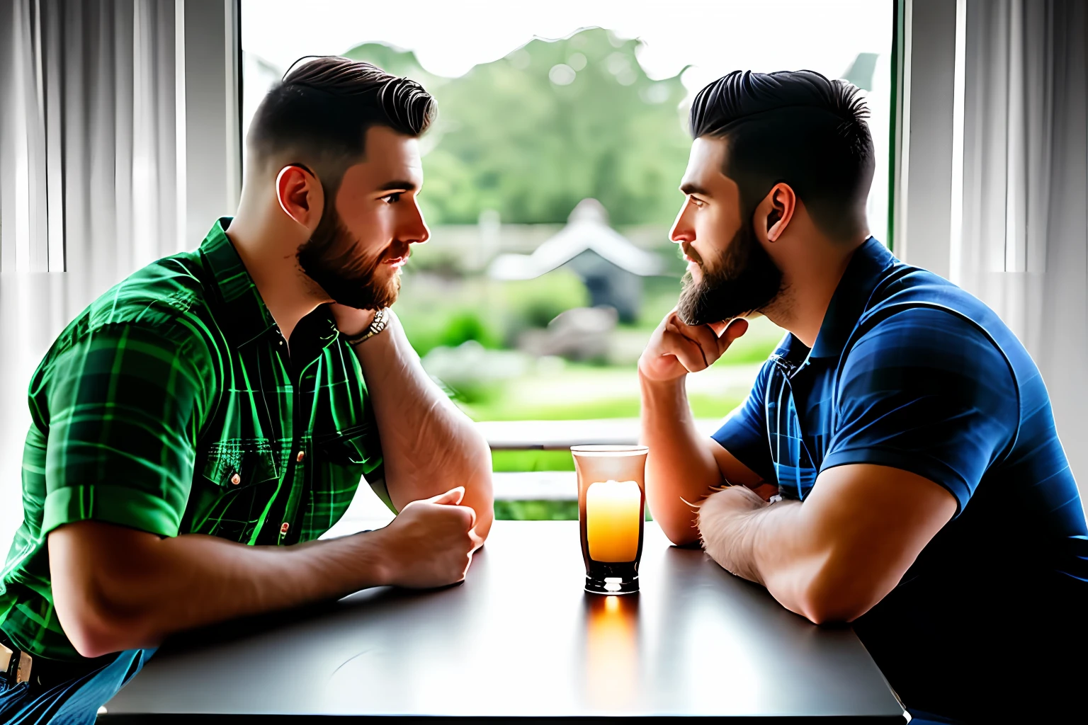 In a cozy restaurant, a table is set for two, adorned with a white tablecloth and flashing candlelight. (((Two stout, burly, lumberjack-like men))), are sitting across from each other, engaged in deep conversation. Their bodies are accentuated by their plaid shirts, and their neatly trimmed beards and short military-style haircuts add to their rugged charm.

As they talk, their eyes close with a tender, affectionate gaze, expressing a deep connection and romantic interest in each other. The soft light from a large glass window bathes their faces, casting a warm glow and accentuating their features. The subtle play of light and shadow creates an intimate and romantic atmosphere, enveloping them in an aura of affection and tenderness.

His hands naturally gravitate toward each other on the table, his fingers intertwine gently. The touch is soft but charged with emotion, symbolizing their shared connection and the beginning of a romantic journey.

The atmosphere of the restaurant is carefully crafted to enhance the romantic atmosphere. Soft background music fills the air, contributing to the intimate atmosphere. The aroma of delicious food hangs in the air, adding to the sensory experience. The surrounding tables are occupied by other diners, but they disappear in the background as the focus remains on the two men and their blossoming romance.

This scene is a testament to the power of love and connection, capturing a beautiful moment of tenderness and vulnerability between two individuals. The romantic atmosphere, enhanced by soft lighting and subtle details, invites viewers to feel the warmth and intimacy of their connection.