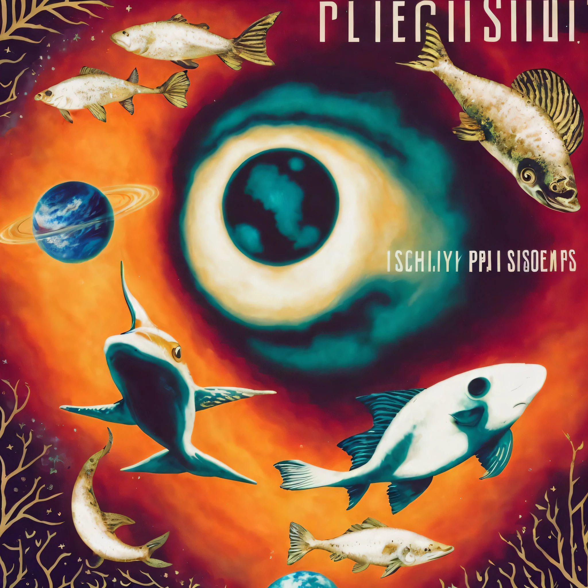 a close up of a painting of fish and planets with a black hole in the background, pleinairism, psilocybin, psychonaut universe, sci-fiish landscape, plesiosaur, phlegm, pessimism, pisces, ipseity, surrealism album cover, photorelism, precisionism, pscychodelic