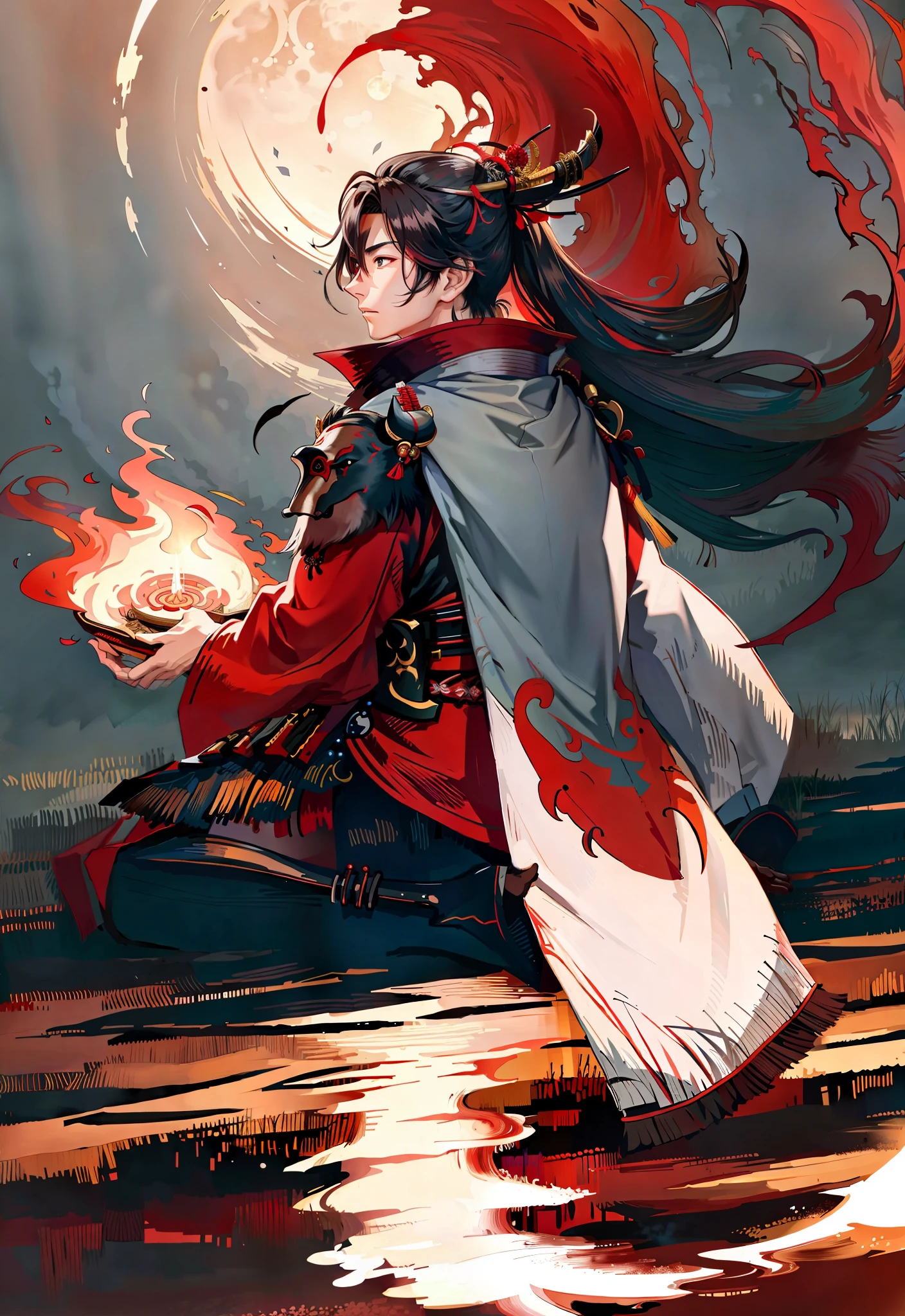 masterpiece, best quality, samurai in red kimono, cloth flowing in the air, moon, boreal steppe, sfw