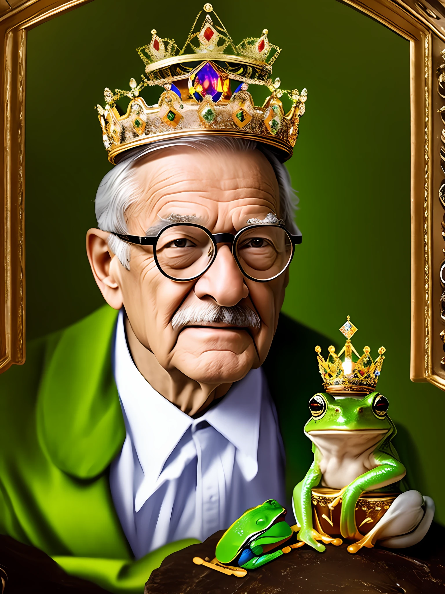 A frog wearing a crown over the head of an elderly man wearing glasses and light coming out of the crown jewels