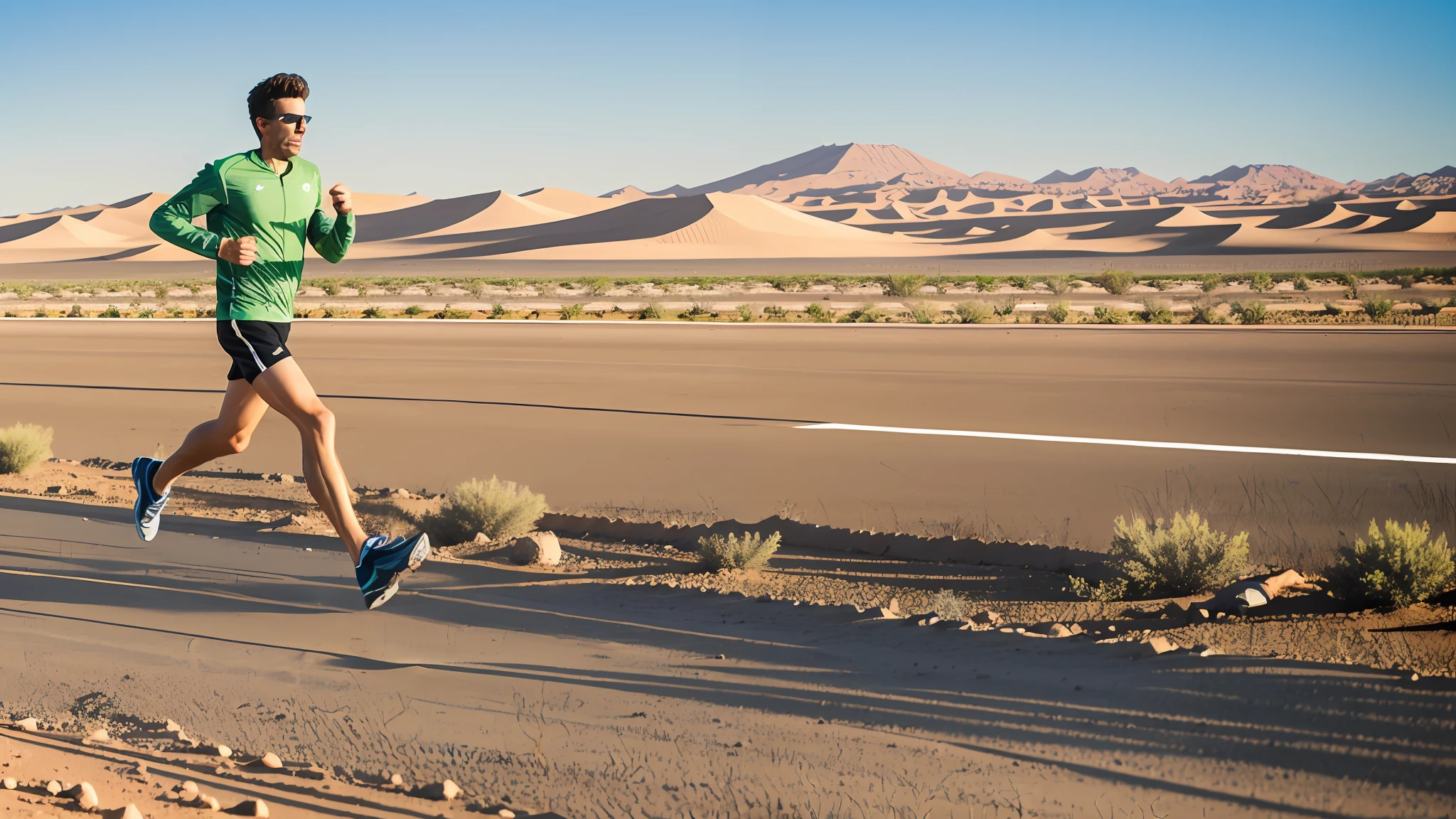 Area flooding, Award winning photo of a long distance jogger running for his life to avoid random ground explosions all around him on an unpaved desert road. --auto --s2