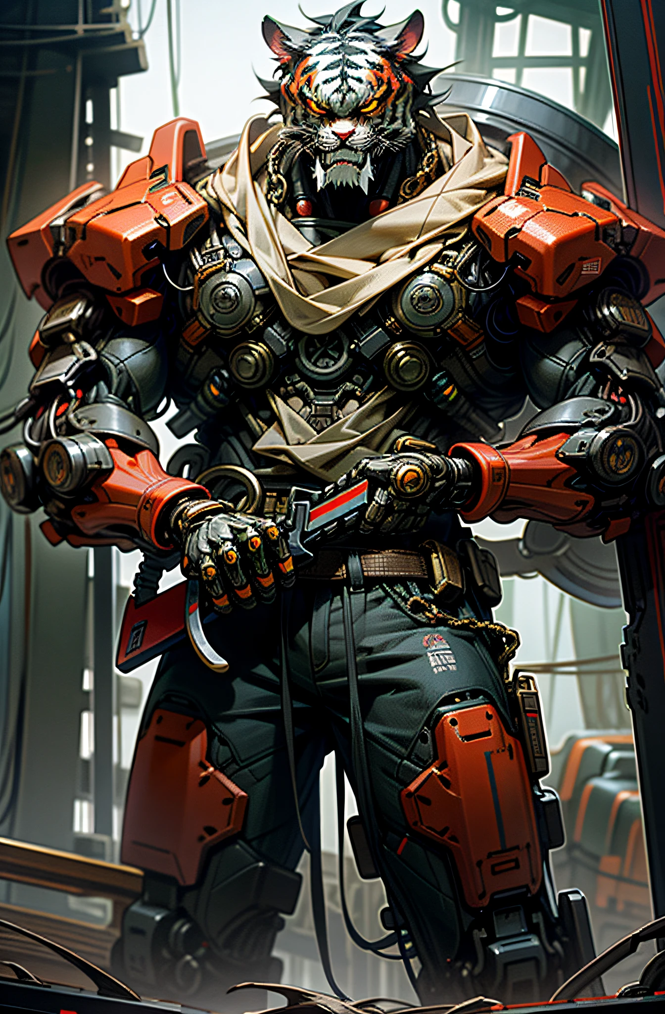 In a deep, eerie cyberpunk fantasy, a tiger-turned-cybernetic guardian wields a powerful chain saw, chain saw man (red:1.1), behind him is a tall robotic presence, and the whole picture is filled with the smell of mechanical marvel and the roar of a locomotive (railway machinery).