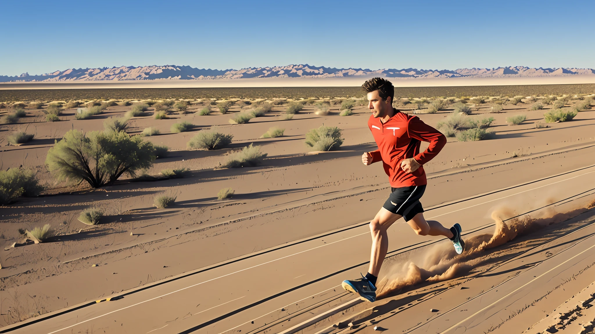 Area flooding, Award winning photo of a long distance jogger running for his life to avoid random ground explosions all around him on an unpaved desert road. --auto --s2