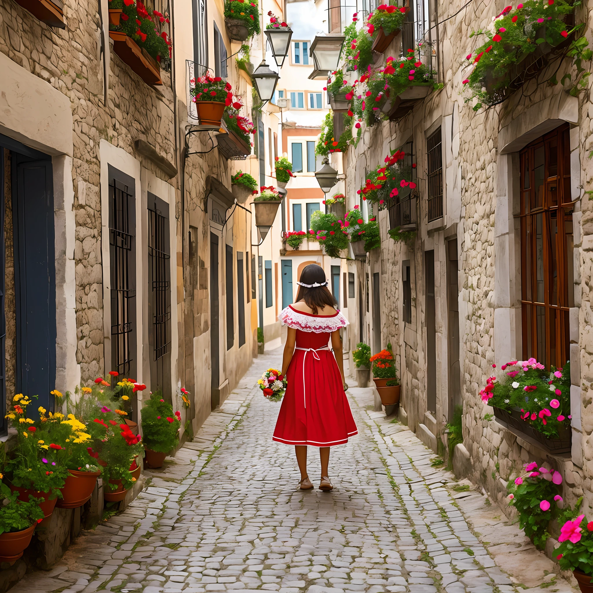 Woman in dress holding flowers in hand, in a street with Portugal flag in a window --auto --s2