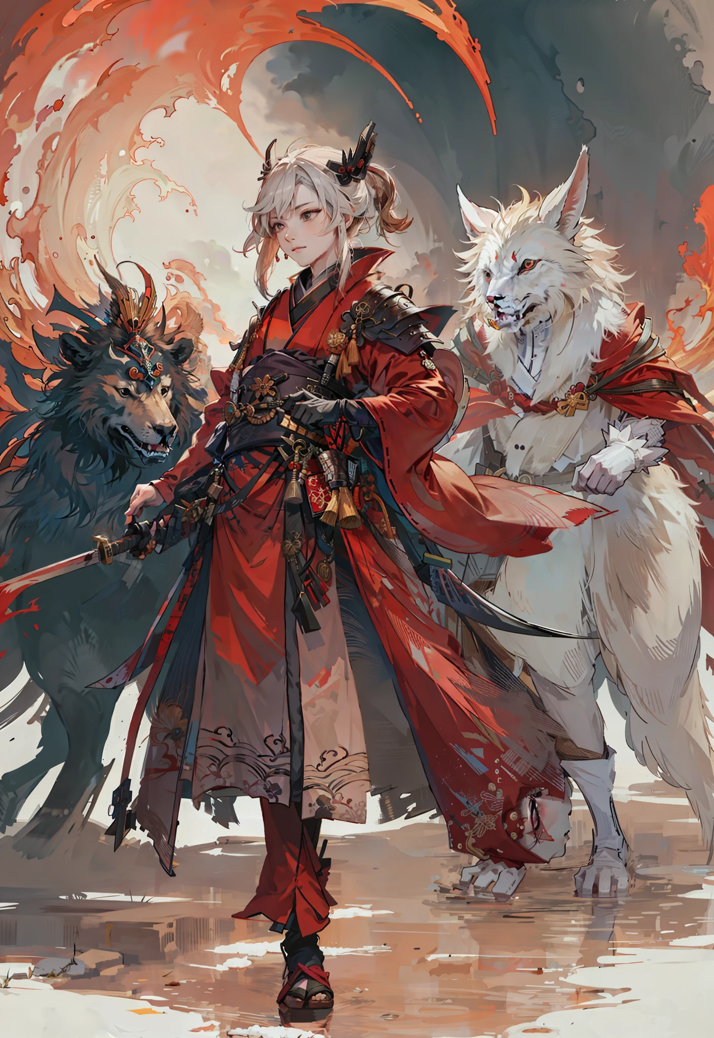 masterpiece, best quality, samurai in red kimono, cloth flowing in the air, moon, boreal steppe, sfw