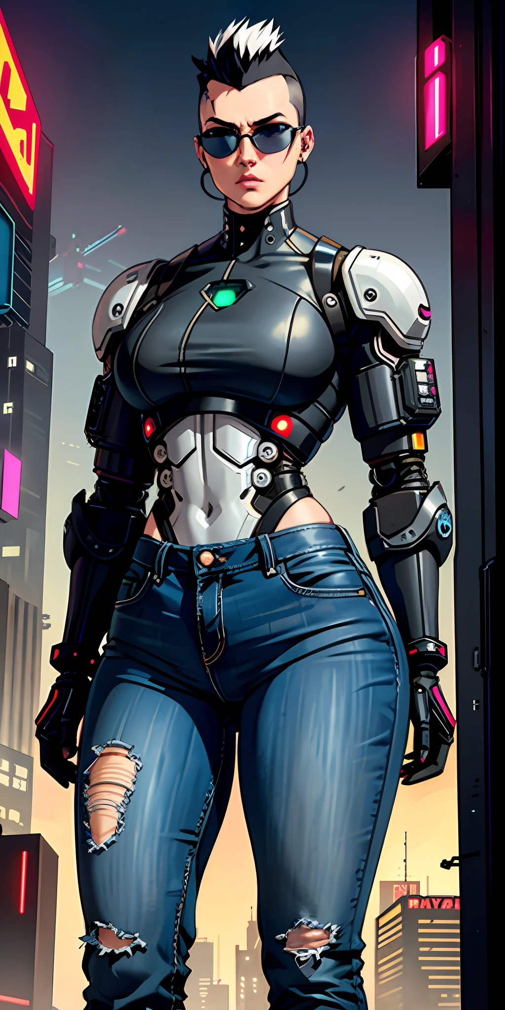serious face, brave face, sunglasses hair: mohawk, robotic parts, cybernetic, futuristic, cyberpunk, muscular, small chest, big arms, broad shoulders, big thighs, ass, jacket, jeans, background: futuristic city,