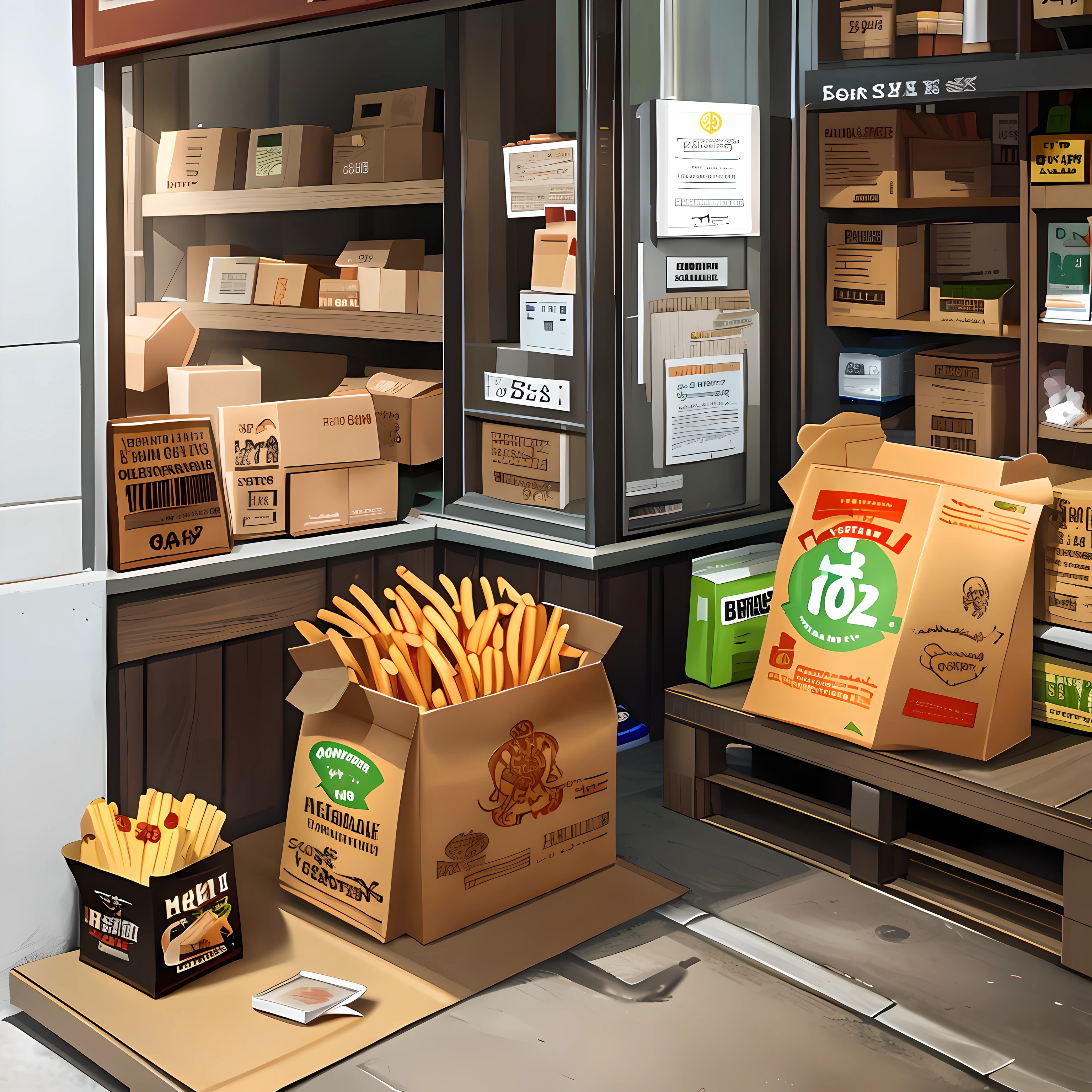 No humans, french fries packaging, concept art, cardboard box, Harry Potter